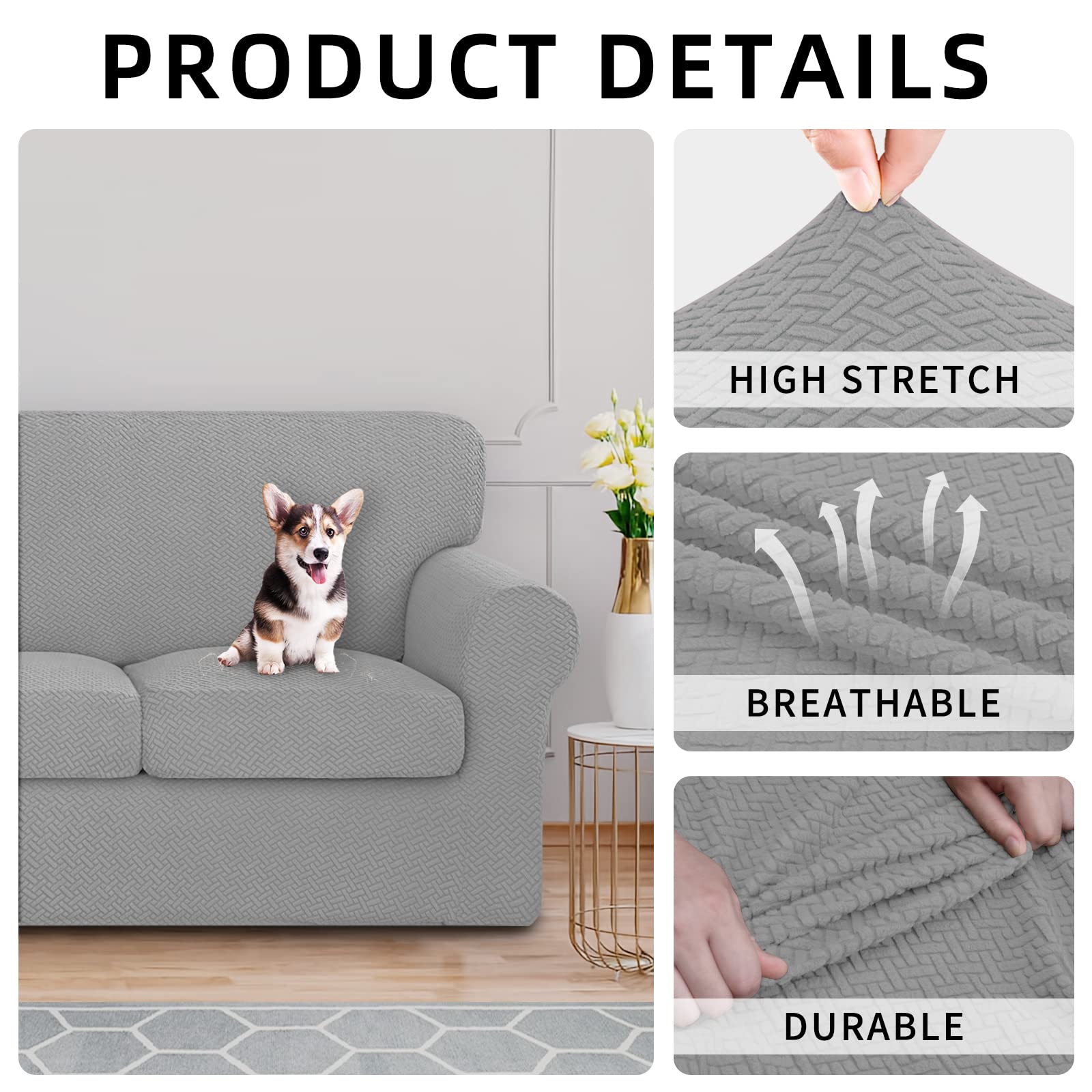 Issuntex 3 Pieces High Stretch Thicken Loveseat Couch Covers, Soft Sofa Slipcover For 2 Separate Cushion Couch, Jacquard Fabric