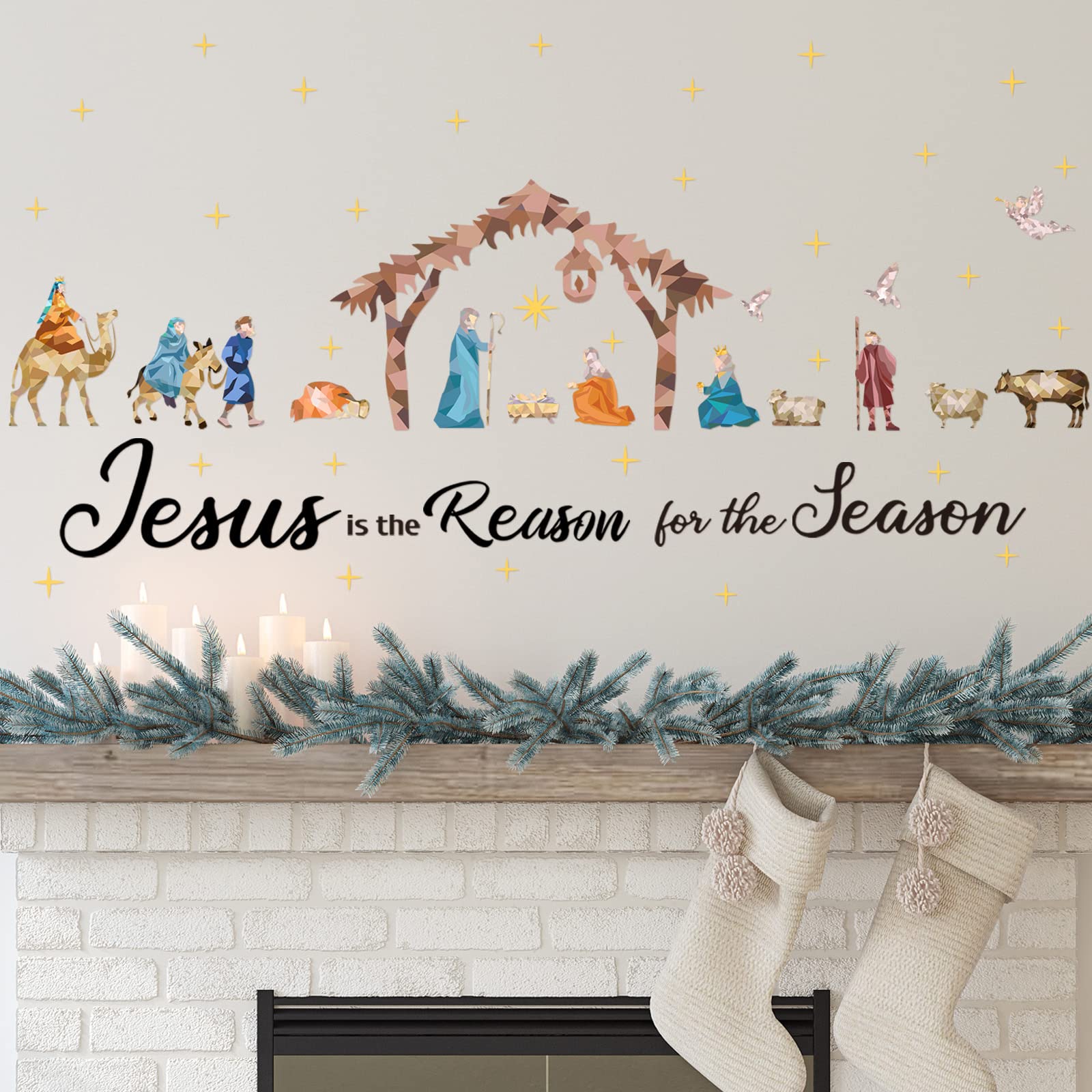 Hotop Christmas Nativity Scene Wall Decal Colorful Religious Nativity Wall Stickers Christian Vinyl Removable Modern Mural Decor
