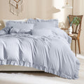 Qsh Ruffle Duvet Cover Queen Size 100% Washed Cotton,3Pc Linen Feel Farmhouse Shabby Vintage Ruffled Bedding Set French Country