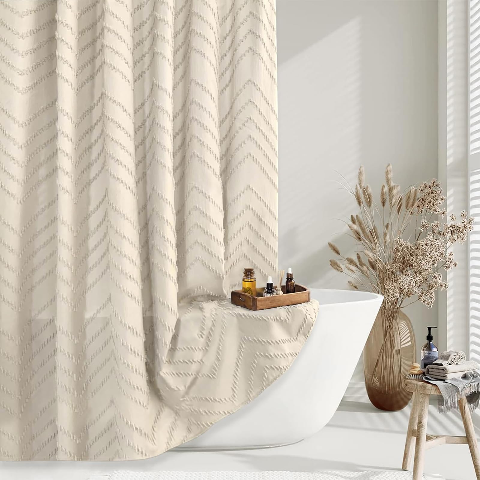 Extra Long Shower Curtain 84 Inches Long Beige Shower Curtain Boho Cute Chic Tufted Chevron Textured Striped Modern Minimalist S