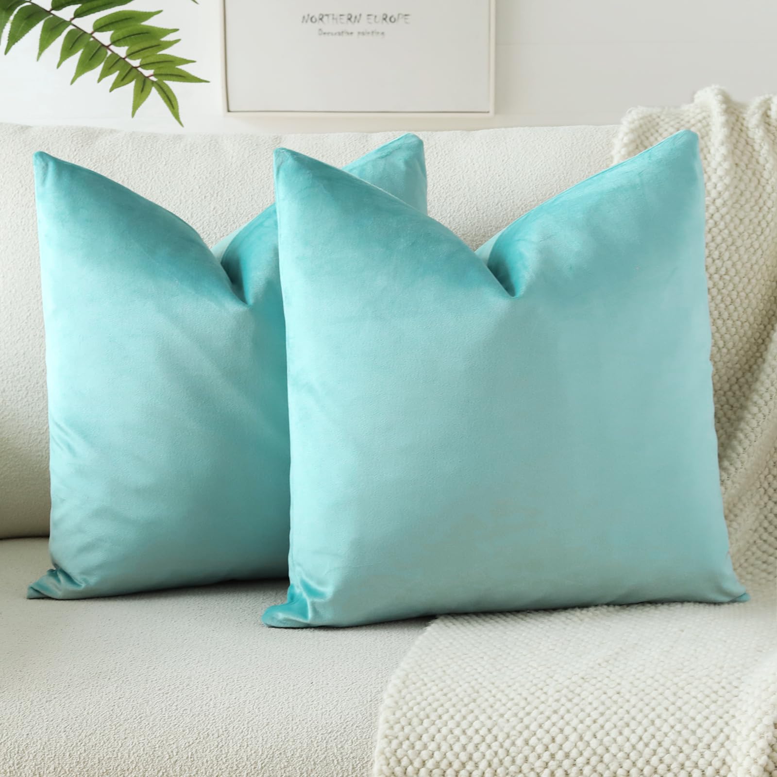 Otostar Pack Of 2 Velvet Soft Decorative Throw Pillow Covers Solid Square Cushion Case Home Decor Pillow Covers For Couch Sofa Bedroom Living Room Decorative Pillowcases 20 X 20 Inch (Aqua Green)