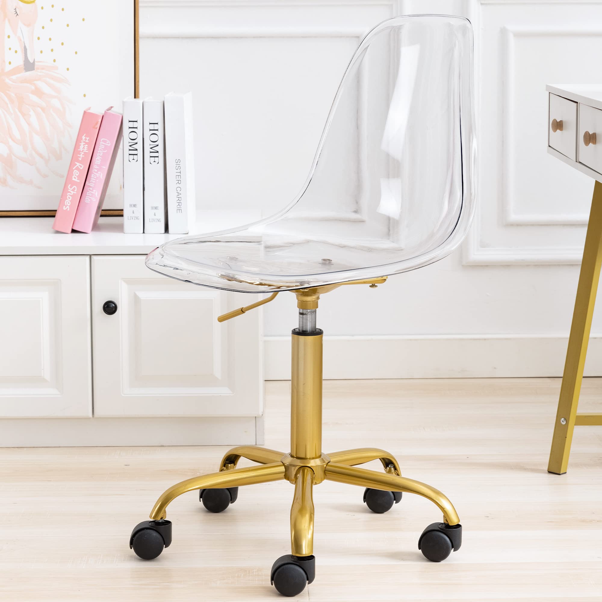 Homefun Clear Desk Chair, Acrylic Rolling Armless Vanity Swivel Height Adjustable Ghost Molded Plastic Home Office Chairs With G