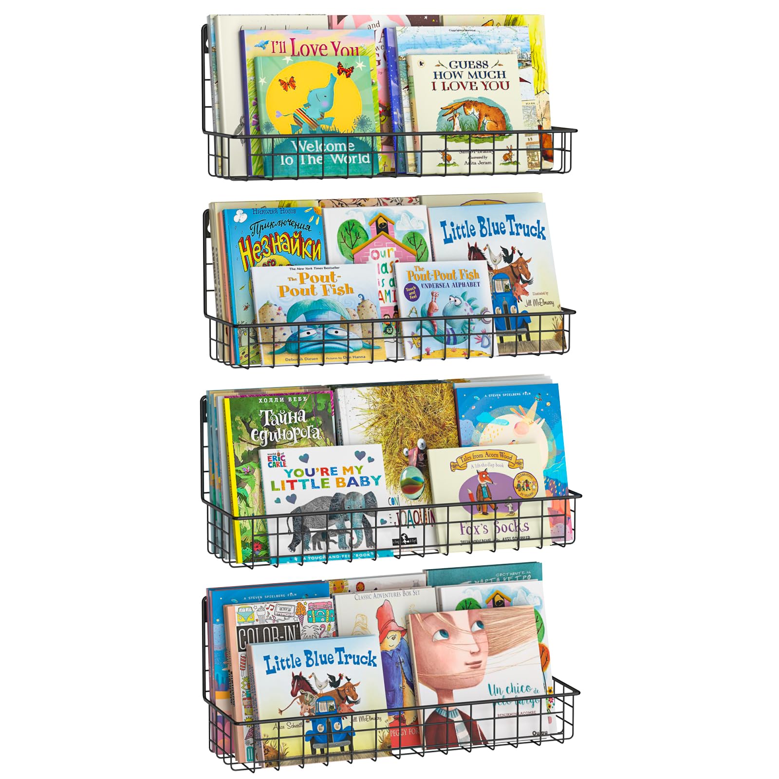 Wall Mounted Metal Kids Bookshelf, Floating Book Shelves For Kids Nursery Toddler Classroom, Hanging Book Shelf Organizer For Room Decor, Black, Set Of 4