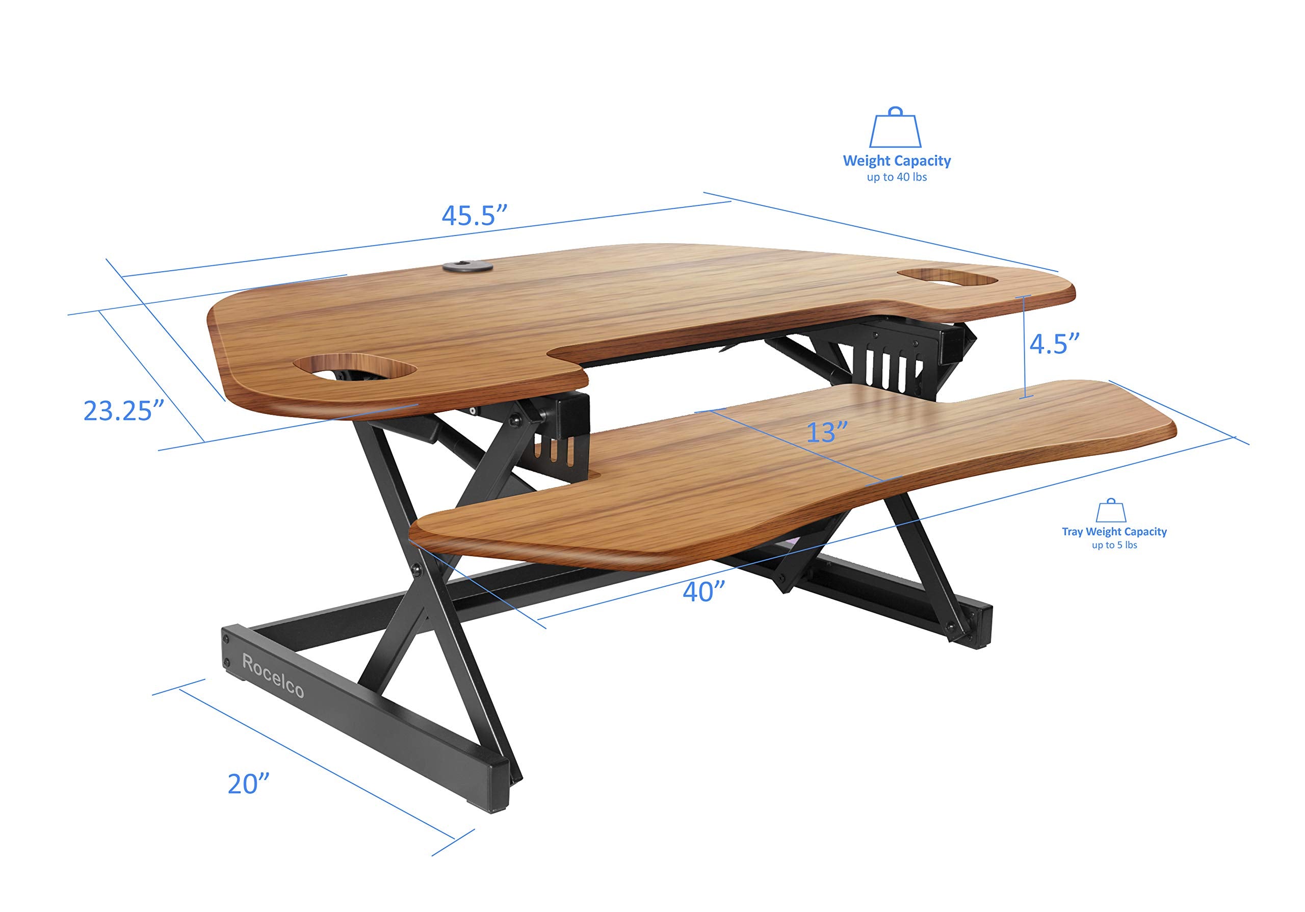 Rocelco 46" Height Adjustable Corner Standing Desk Converter with Dual Monitor Arm BUNDLE - Quick Sit Stand Up Computer Workstation Riser - Extra Large Keyboard Tray - Teak Wood Grain (R CADRT-46-DM2)