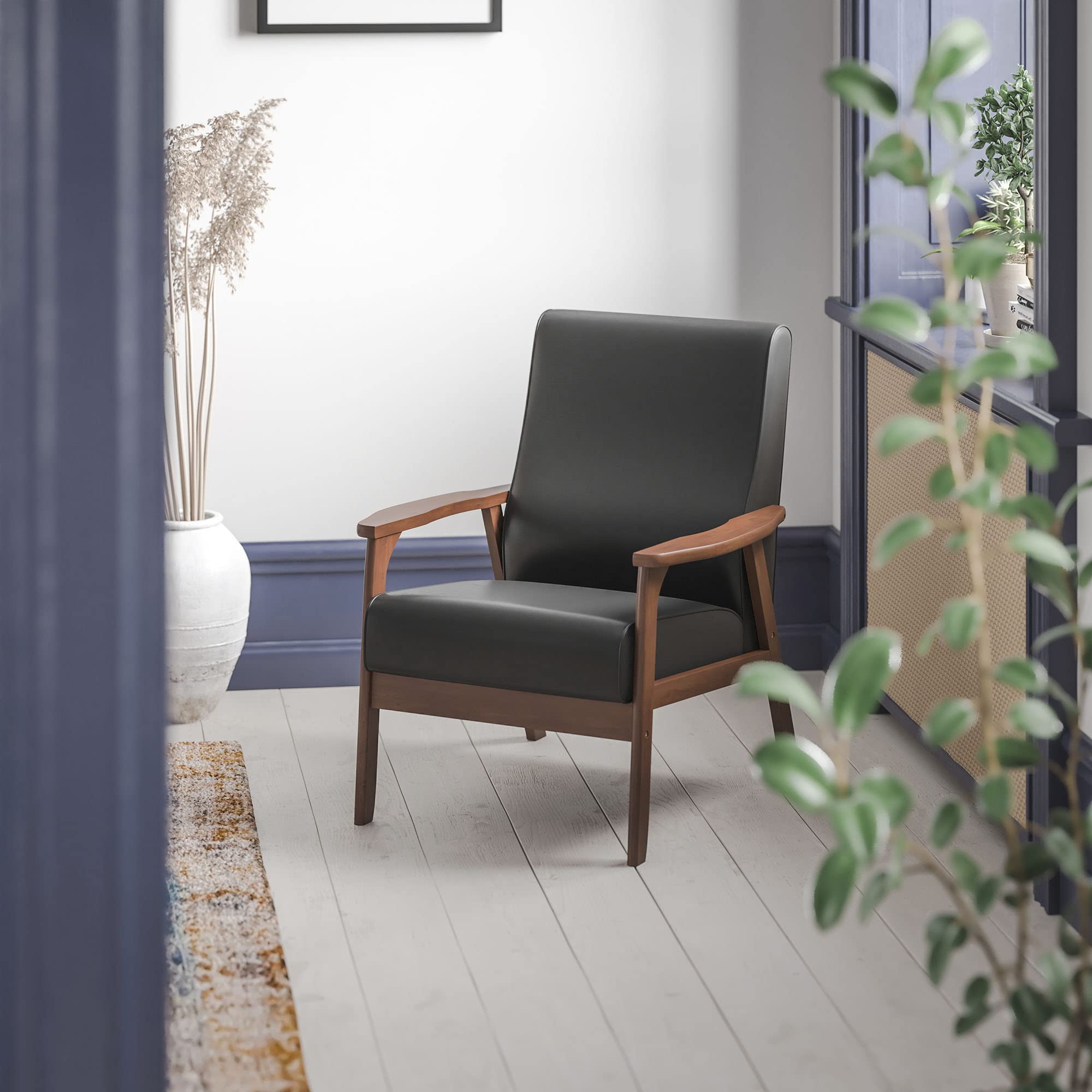 Flash Furniture Langston Commercial Mid Century Modern Chair - Black LeatherSoft Upholstery - Walnut Finish Wooden Frame and Arms - Extra Supportive Sinuous Springs