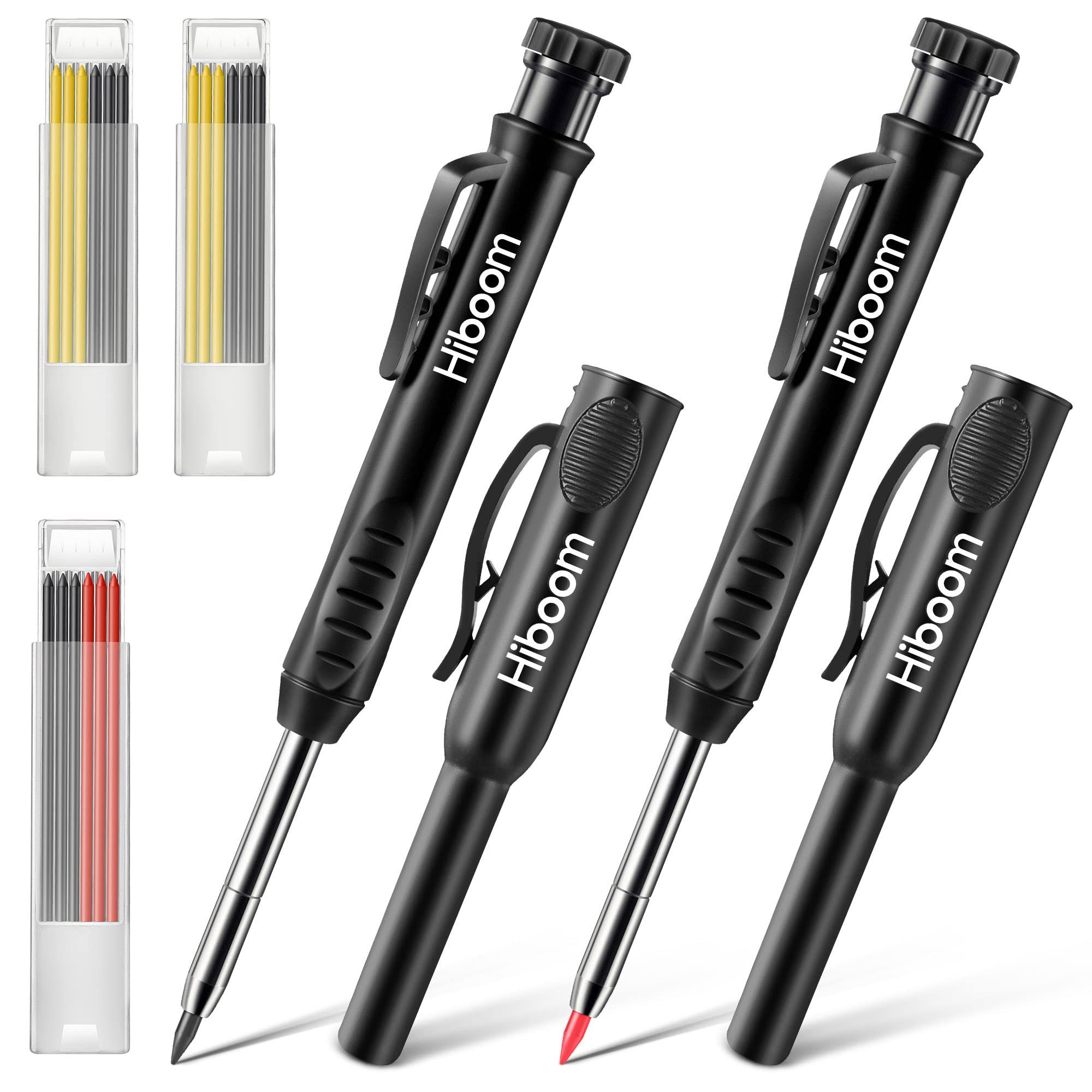 Hiboom 2 Pack Solid Carpenter Pencils With Pencil Cap And 18 Refills, Long Nose Deep Hole Mechanical Pencil Marker, Scribe Tool