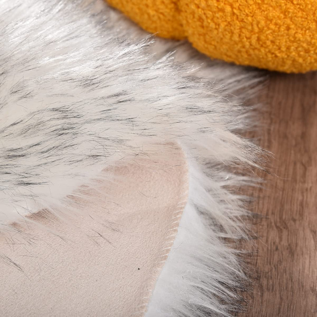 Orinova White And Grey Round Shag Rug 4Ft Faux Sheepskin Fur Rugs For Living Room Small Circle Washable Plush Rug For Nursery Cu