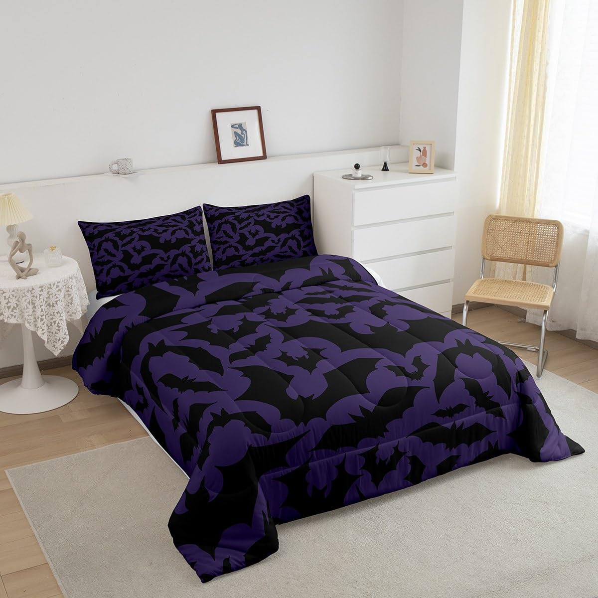 Castle Fairy Halloween Themed Comforter Set Full Size,Black Bats Animal Print Bedding Comforters Room Decor,Dark Purple Color Qu