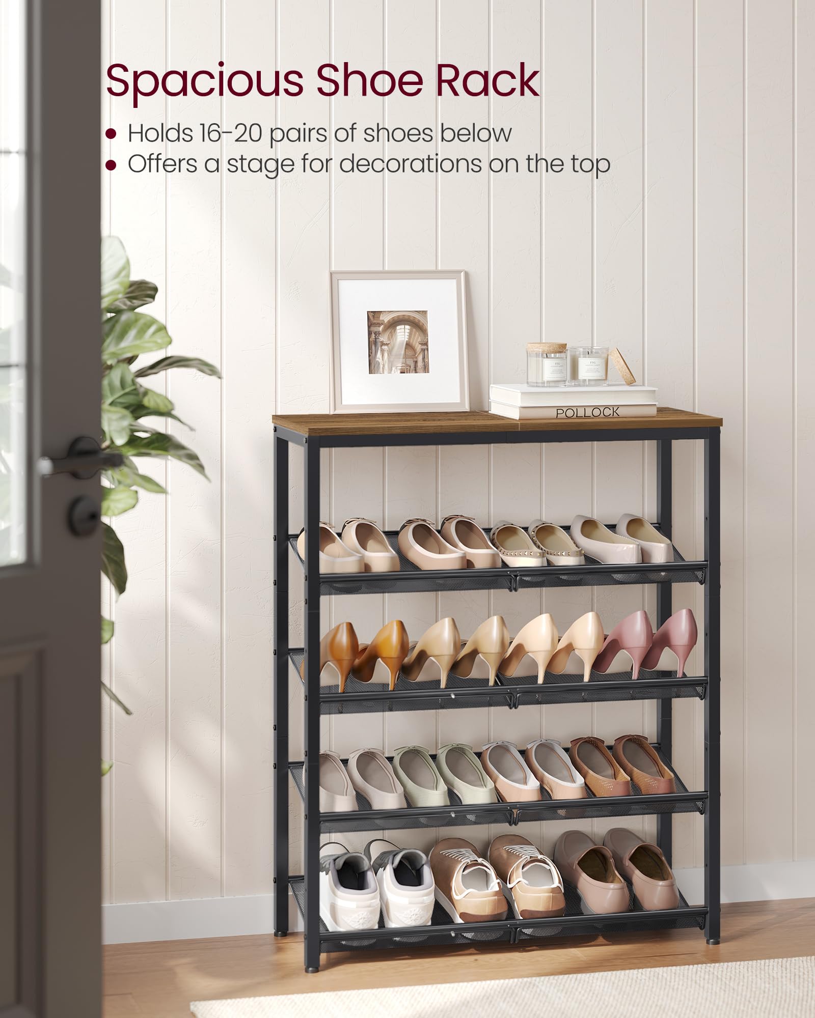 Vasagle Shoe Rack For Entryway, 5 Tier Shoe Storage Shelves, 16-20 Pairs Shoe Organizer, With Sturdy Wooden Top And Steel Frame, Free Standing, Industrial, Honey Brown And Ink Black Ulbs038K01