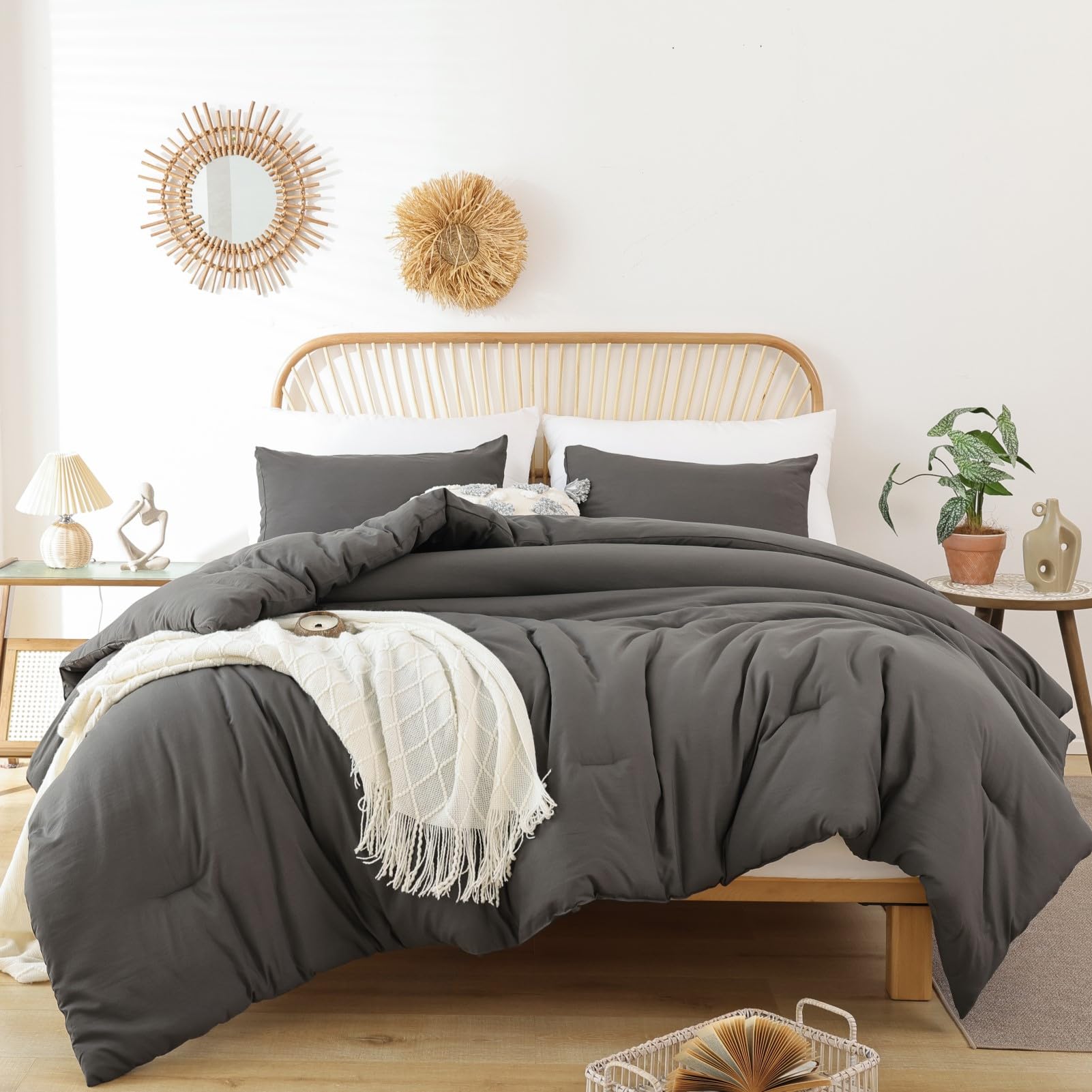 Rosgonia King Size Comforter Set Charcoal Grey,3Pcs Dark Gray King Comforter(1 Boho Comforter & 2 Pillowcases),All Season Beddin