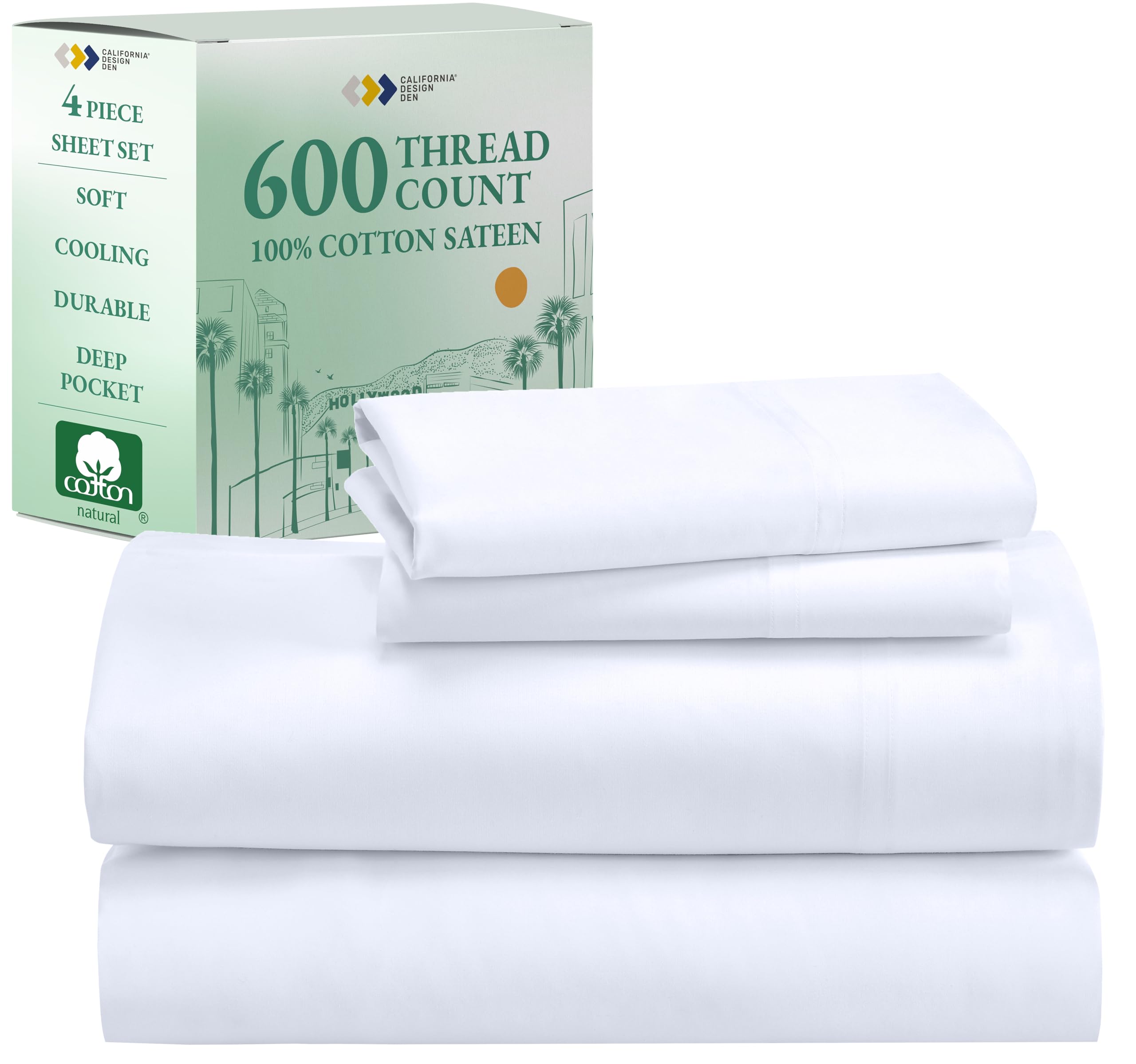 California Design Den Queen Size Sheet Set, 600 Thread Count 100% Cotton Sheets, Luxury Deep Pocket Queen Sheets Cotton Sateen,