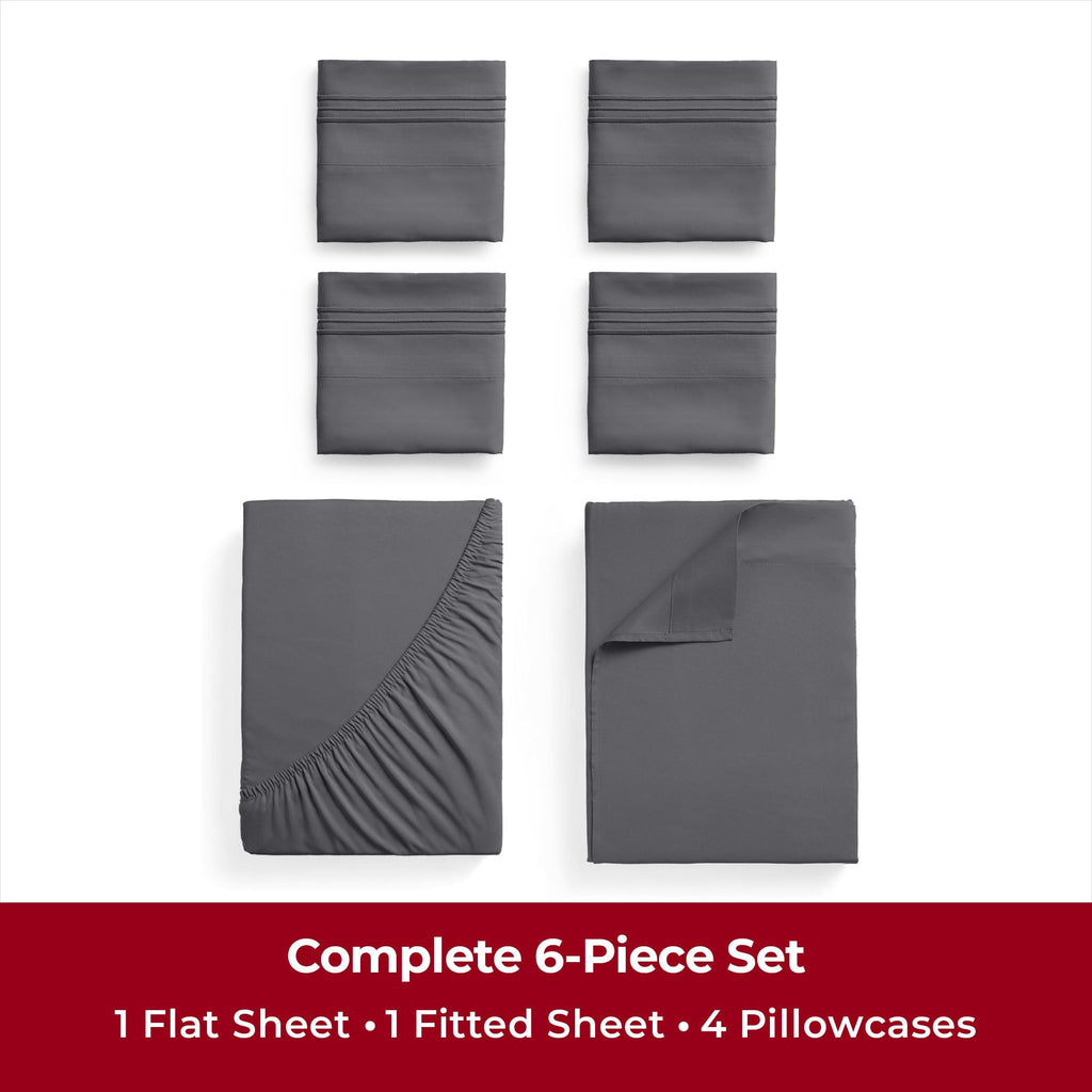 Mellanni Queen Sheet Set - 6-Piece Iconic Collection Bedding, (Including 4 Pillowcases), 16-Inch Deep Pocket, Easy Care, Extra Soft, Cooling Sheets, Brushed Microfiber - Gray