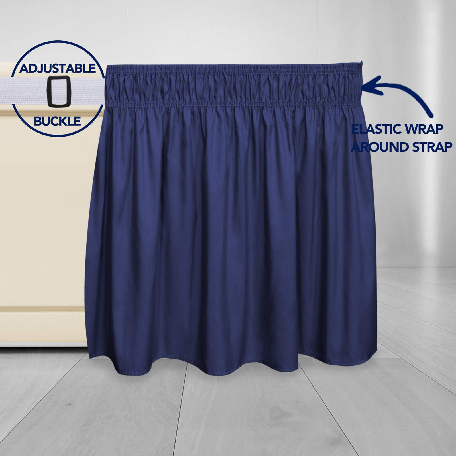 PureFit Navy Wrap Around Ruffled Bed Skirt - Adjustable Elastic Belt, 14 Drop, Easy to Install, Queen/King Size Bed Frame Cover