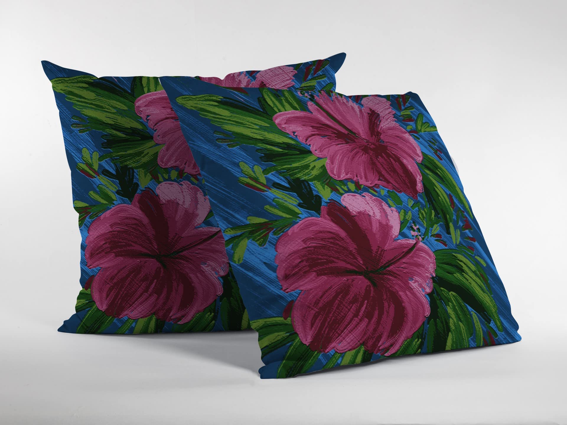 HomeRoots Hot Pink On Blue 18â€ Pink Blue Hibiscus Suede Decorative Throw Pillow