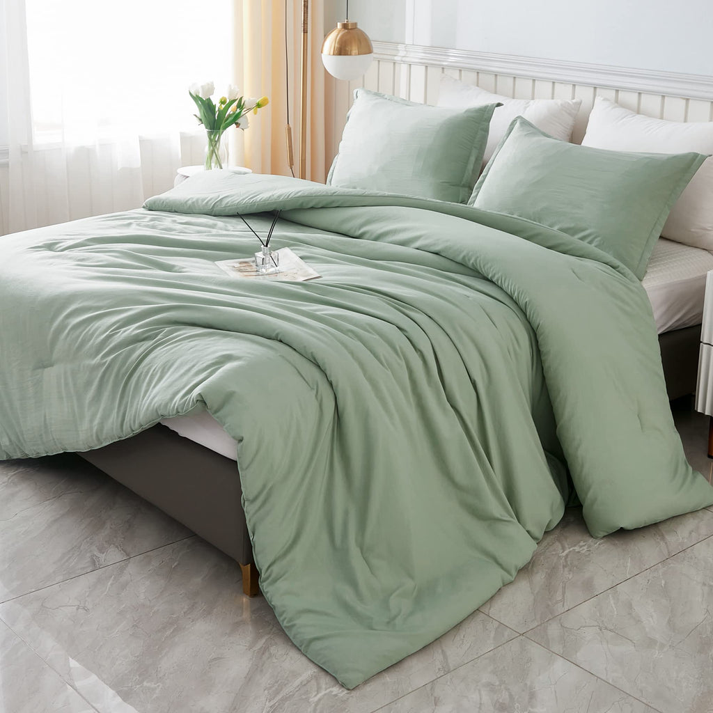Litanika Queen Comforter Set Sage Green, 3 Pieces Lightweight Comforters Queen Size Solid Bedding Comforters Sets, Down Alternat