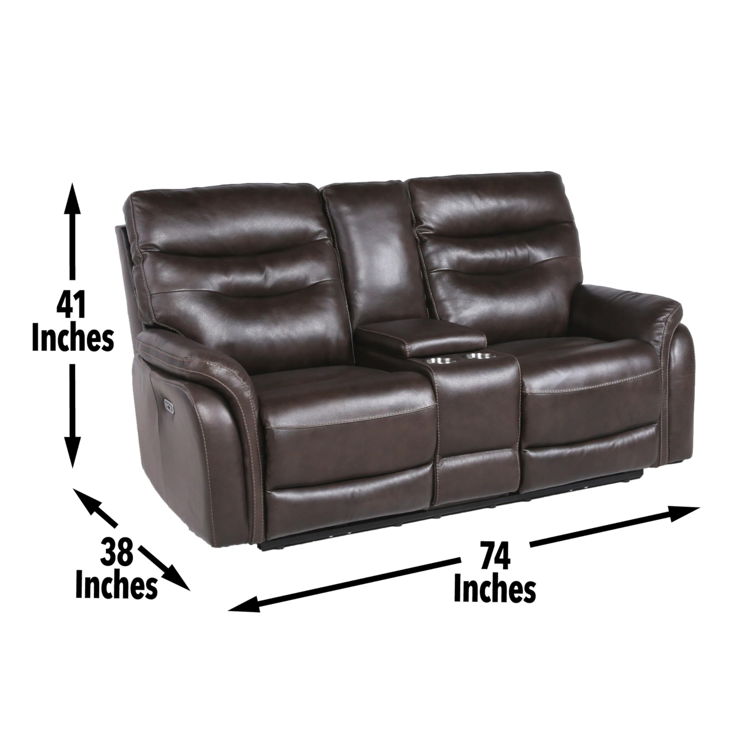 Steve Silver Co Fortuna Recliner Console Loveseats, Top Grain Leather, Contemporary Style, Console Storage, USB Charging Port, 2-Cupholders, Living Room, Den, 38" D x 73.5" W x 41" H, Brown