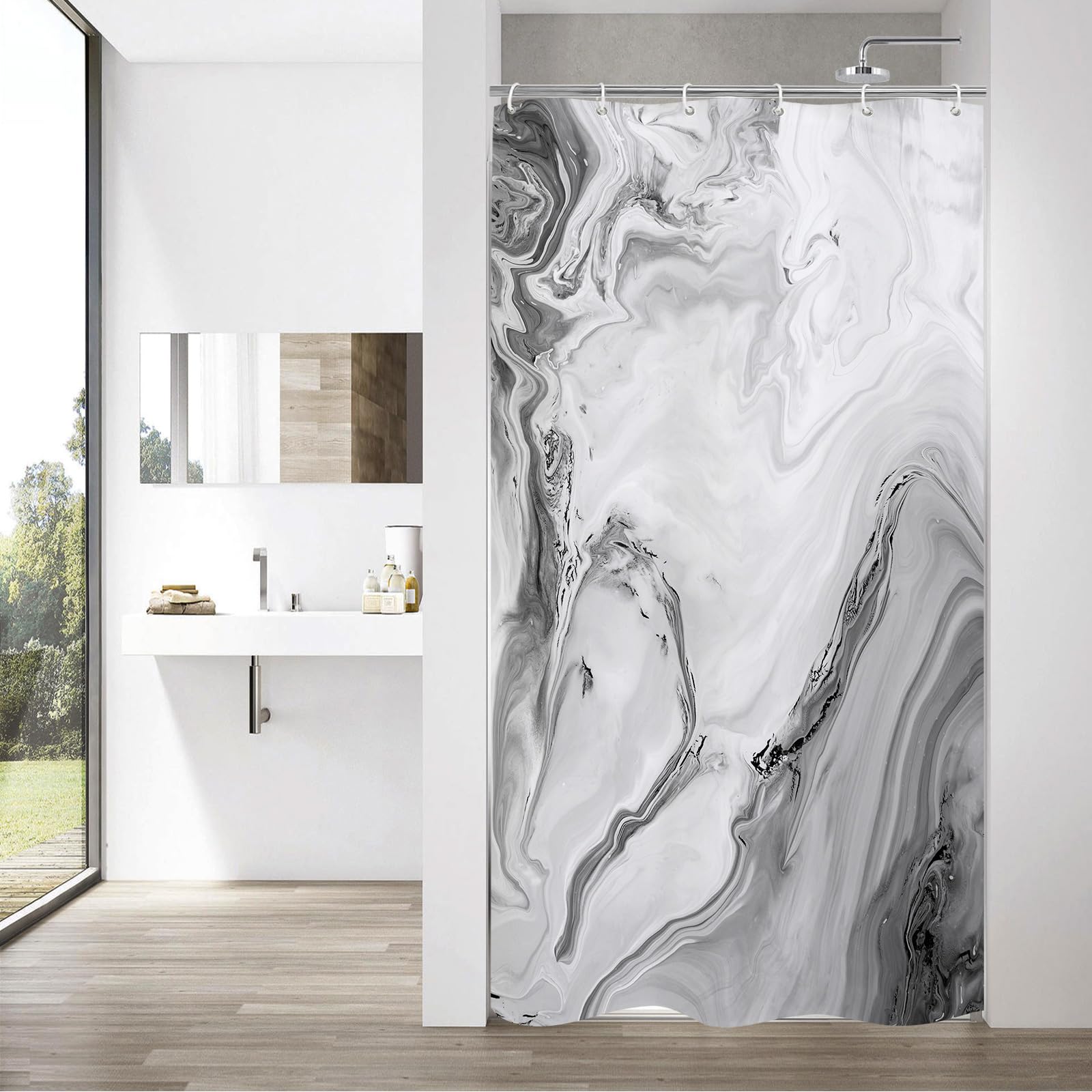 MitoVilla Grey Marble Small Stall Shower Curtain 36 x 72, Abstract Ombre Half Size Narrow Shower Curtain Set, 36 inch Modern Fab