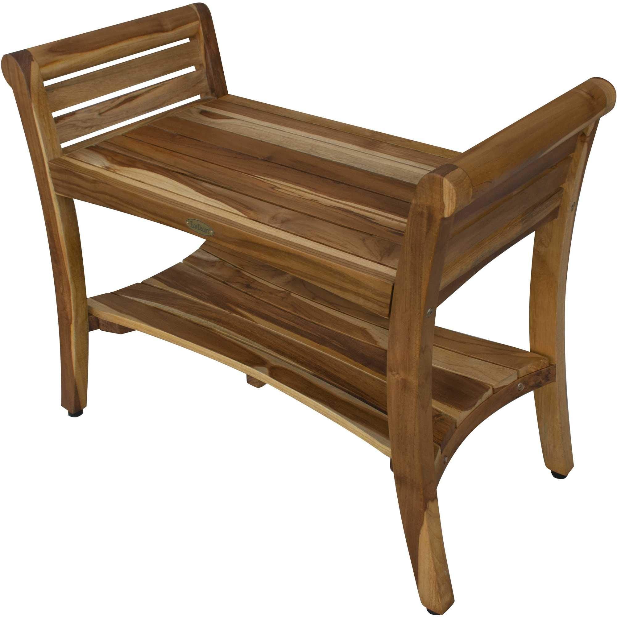 HomeRoots Natural Brown Compact Rectangular Teak Shower/Outdoor Bench with Shelf and Curved Liftaide Arms in Brown Finish
