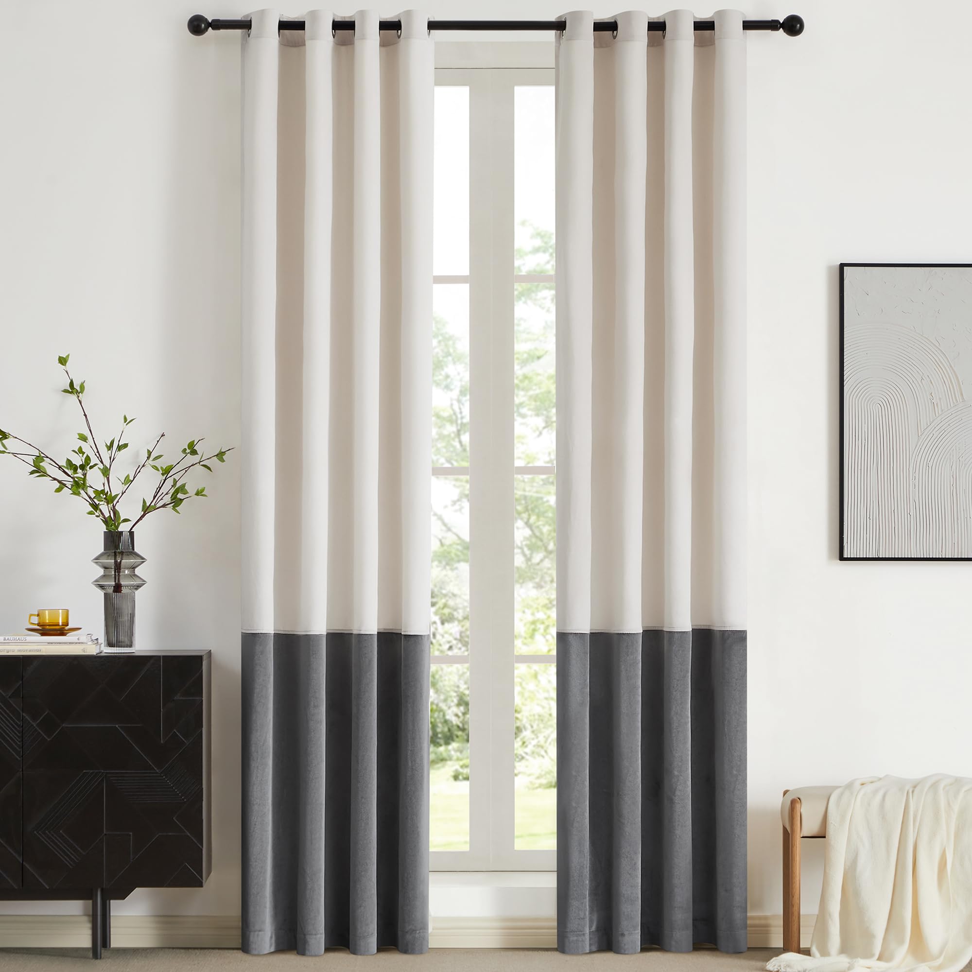 Bulbul Color Block Window Curtains Panels 96 Inches Long Cream Ivory Grey Velvet Farmhouse Drapes For Bedroom Living Room Darken