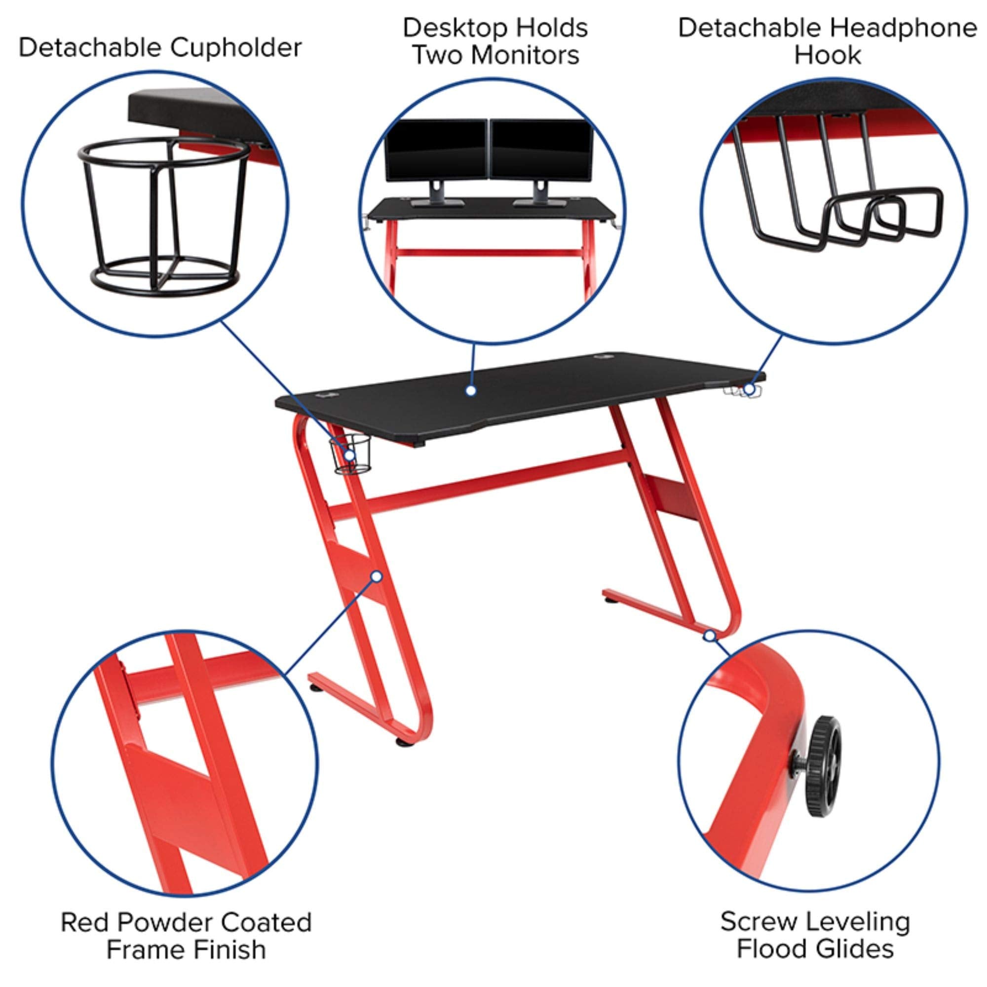 Flash Furniture Red Gaming Desk And Blue/Black Racing Chair Set With Cup Holder And Headphone Hook