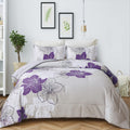 Menghomeus California King Comforter Set Purple Floral Pattern Printed On Grey Cal King Bedding Set Soft Microfiber Bed Comforte