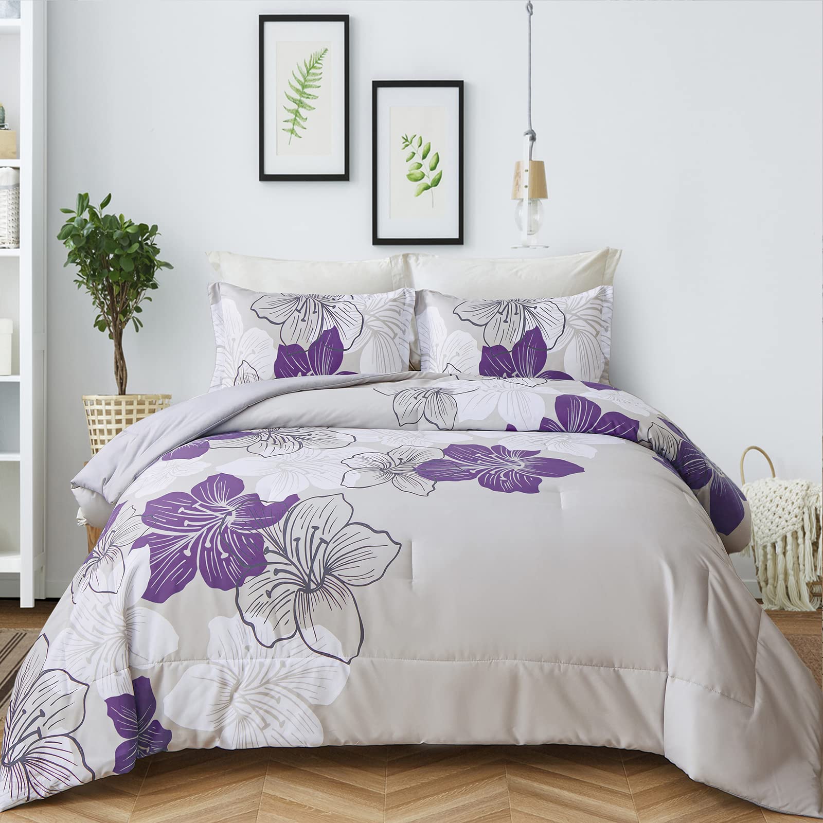 Menghomeus California King Comforter Set Purple Floral Pattern Printed On Grey Cal King Bedding Set Soft Microfiber Bed Comforte