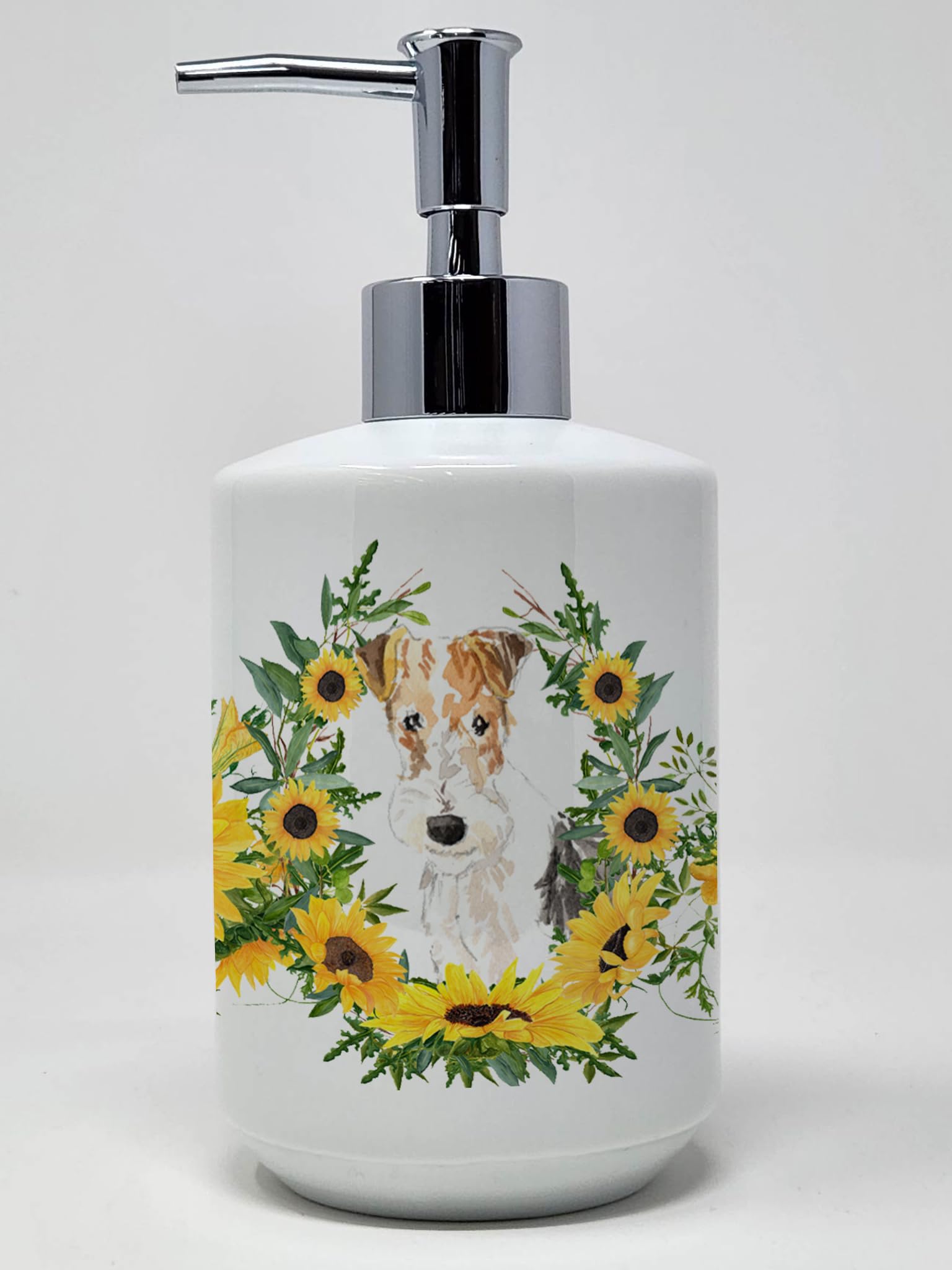 Caroline's Treasures CK2954SOAP Fox Terrier in Sunflowers Ceramic Soap Dispenser Hand Soap Dispenser Pump Bottles for Bathroom K