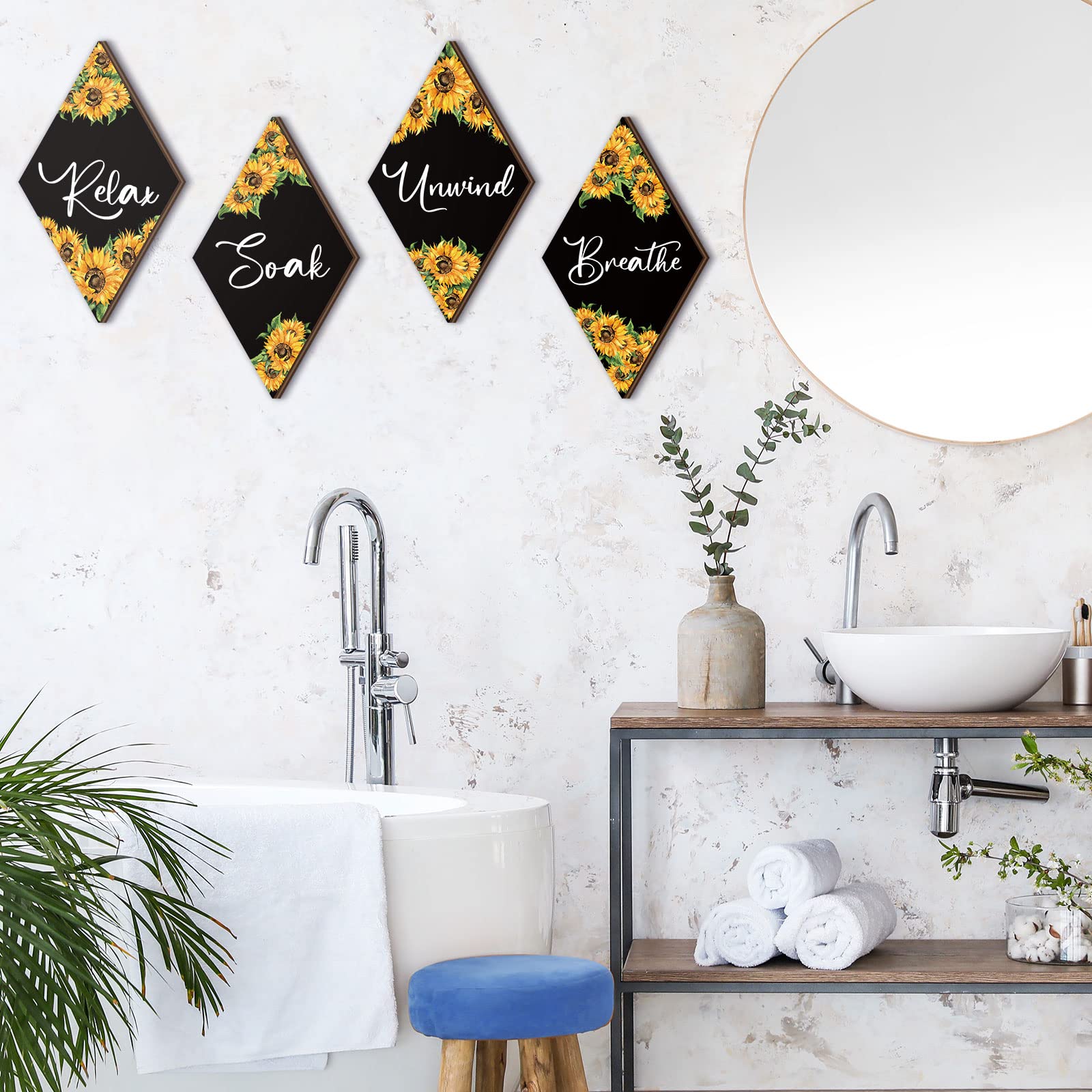 Qunclay Sunflower Bathroom Wall Decor - Rustic Signs for Home, Kitchen, Laundry, Spa - Black, Yellow, White - Model WV-Qunclay-5203
