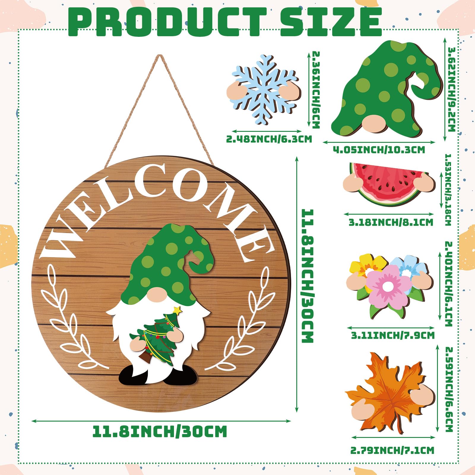 Qunclay Interchangeable Wooden Gnome Decor Holiday Seasonal Gnome Decorations with Magnet Pieces and Detachable Hats Changeable Welcome Sign for Home