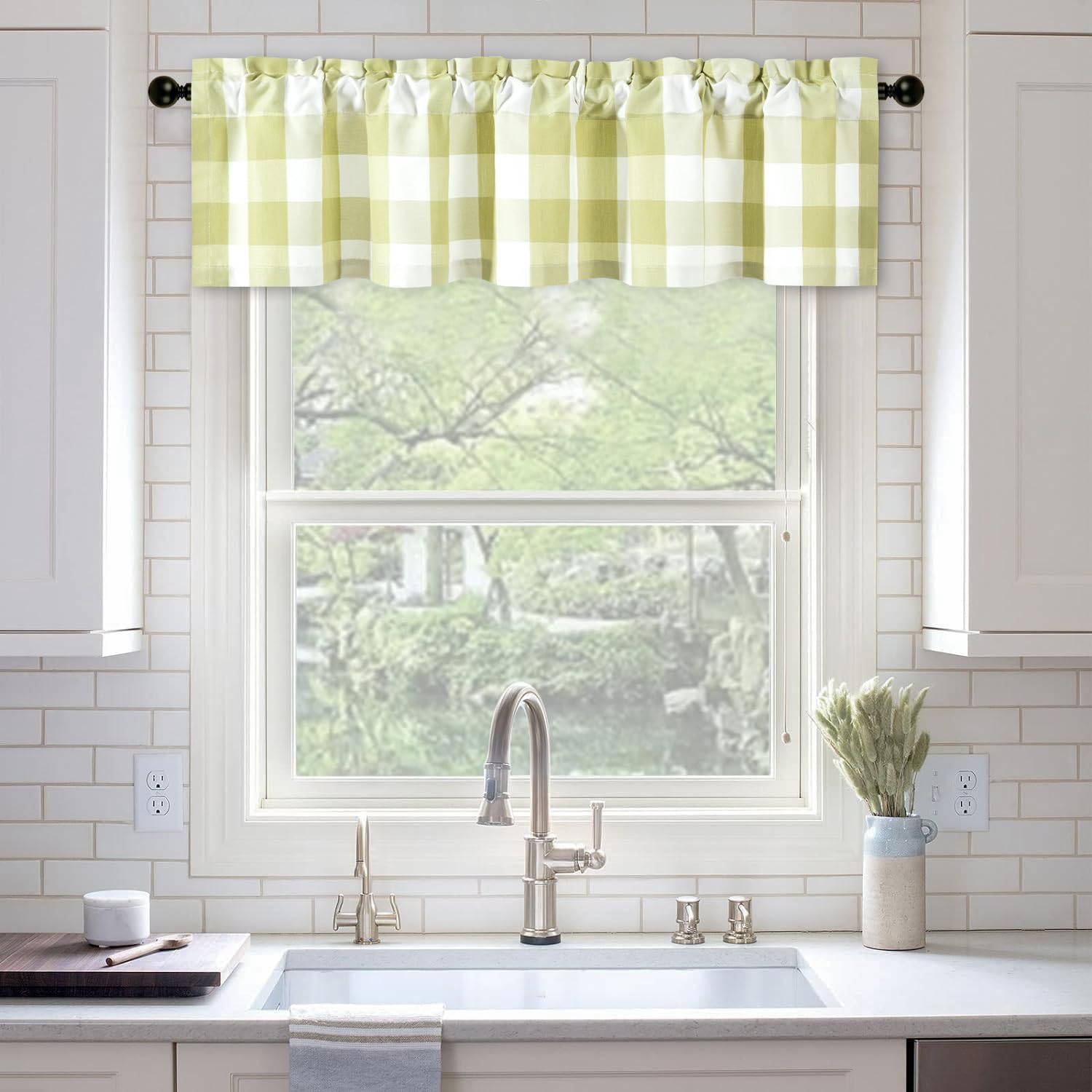 Vogol Buffalo Check Jacquard Curtains Valance, Green Plaid Pattern Light Filtering Valances For Bedroom Bathroom, Decorative Rod
