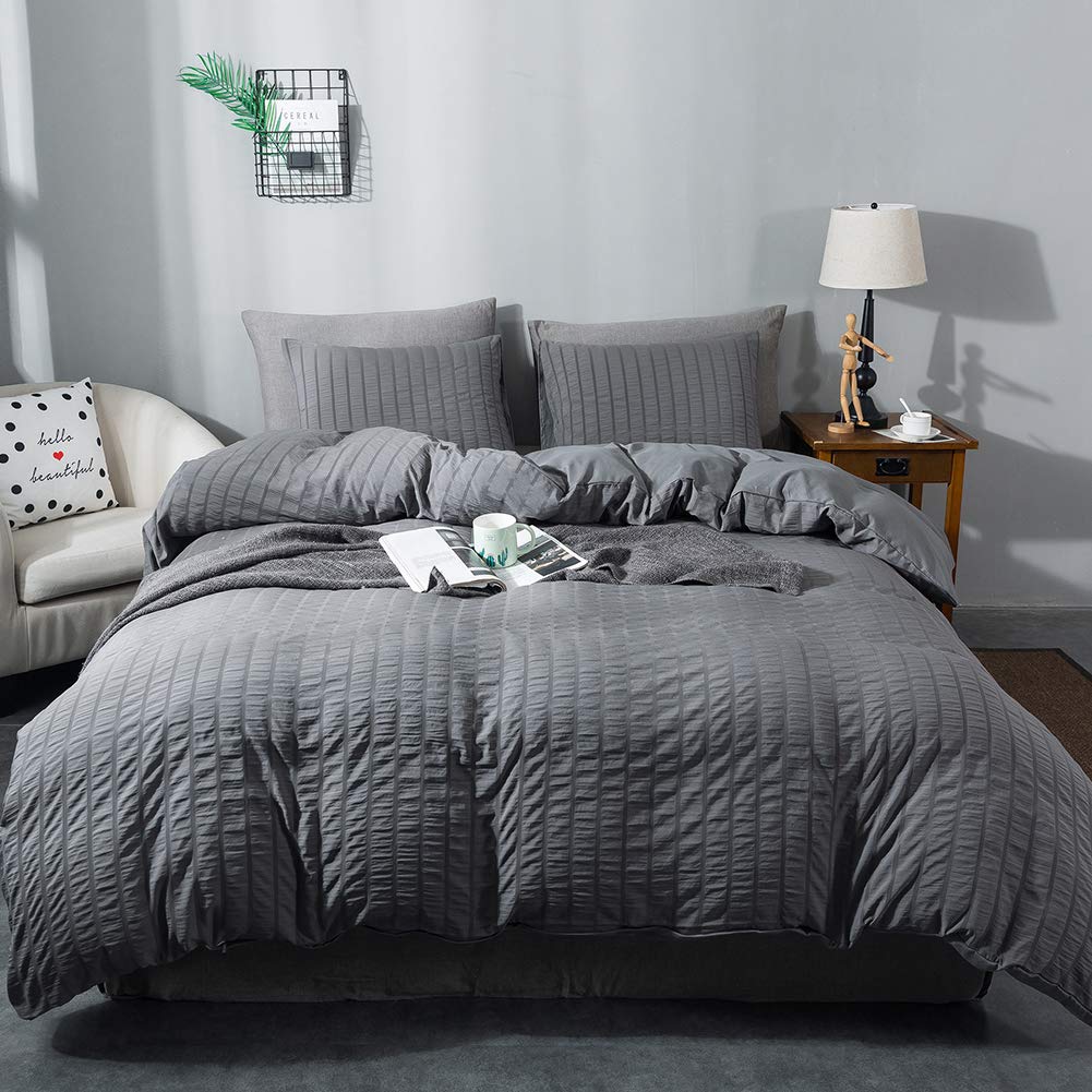 Avelom Seersucker Duvet Cover Set California King Size (104 X 98 Inches), 3 Pieces (1 Duvet Cover + 2 Pillowcases), Grey Soft Washed Microfiber, Textured Duvet Cover With Zipper Closure, Corner Ties