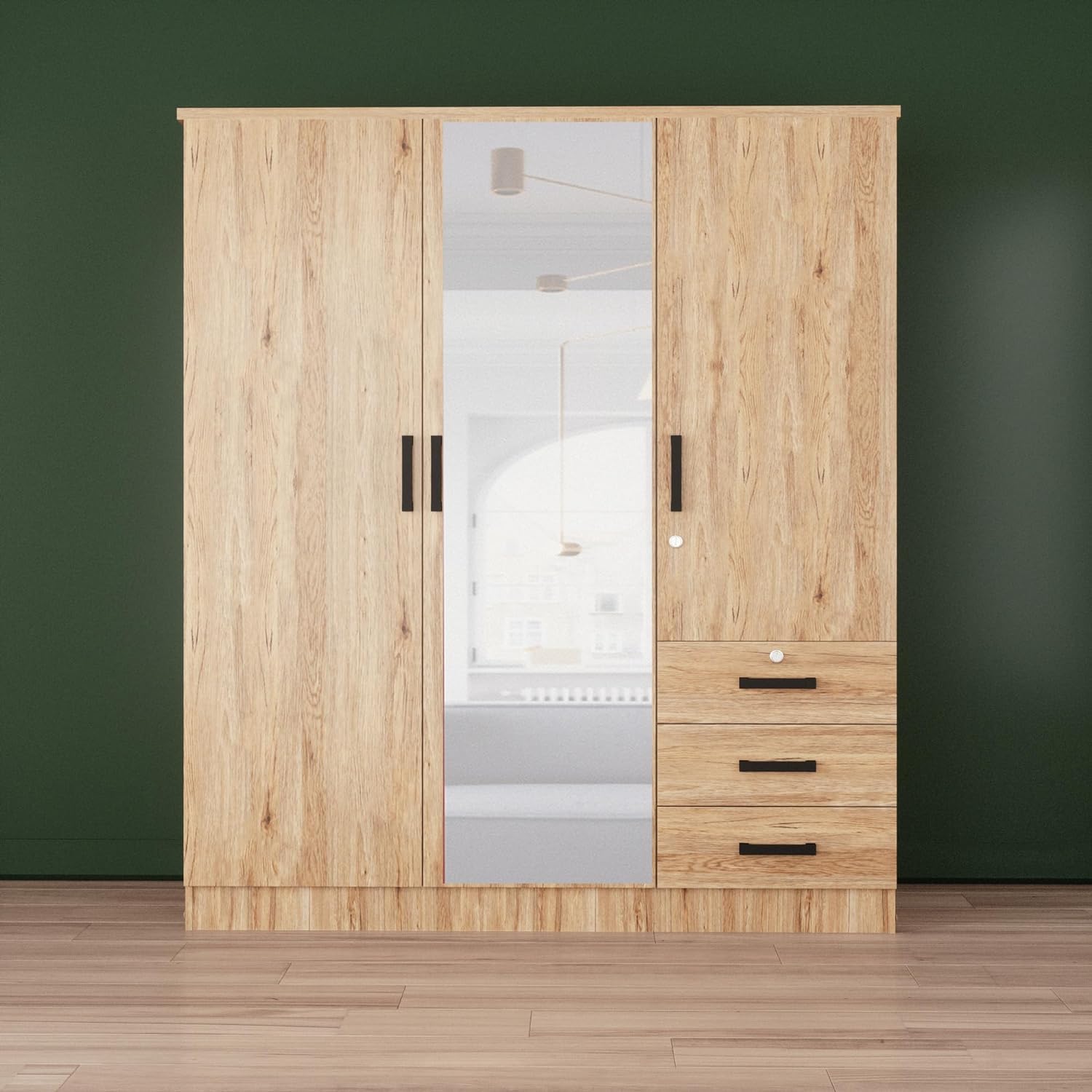 Violet Wardrobe Mirrored Door Closet 3 Doors and 3 Drawers (Natural Oak)