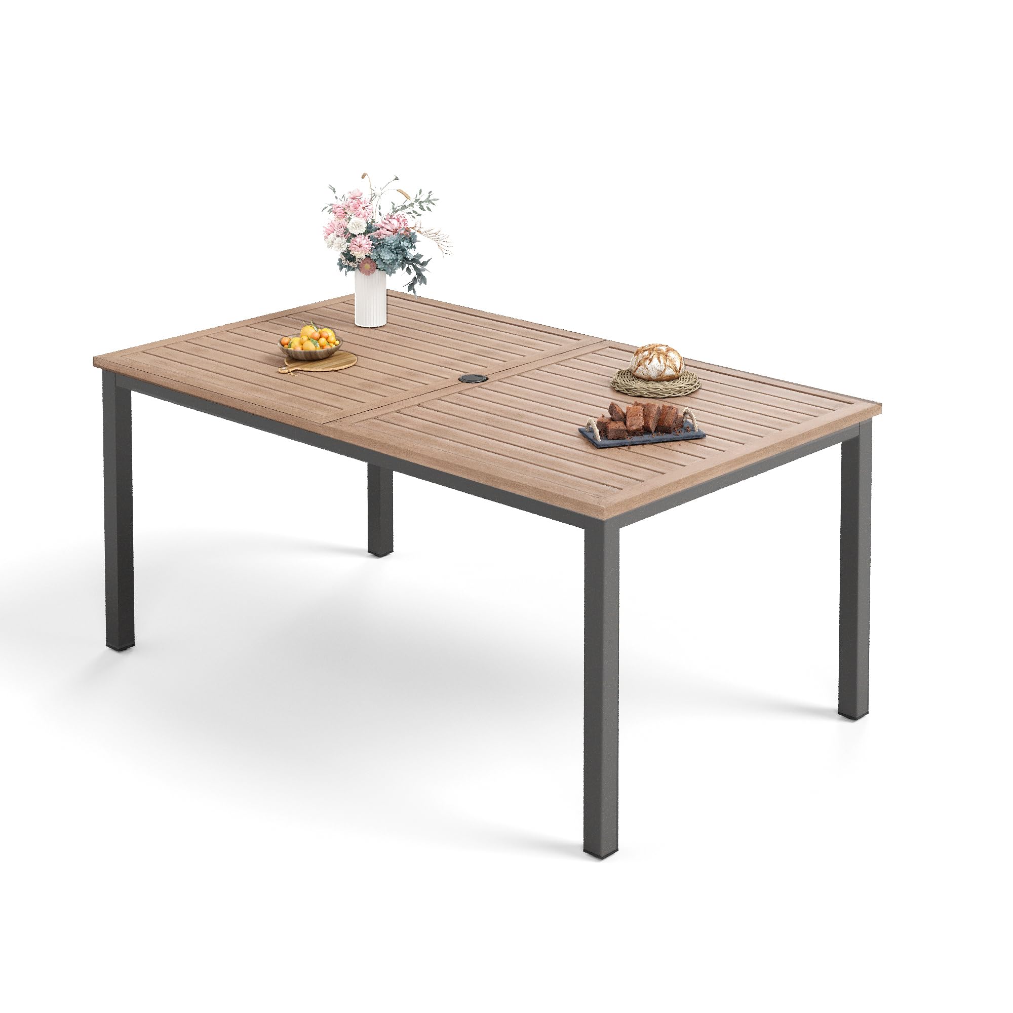 Sophia & William 6-Person Metal Outdoor Patio Dining Table Rectangular, E-Coating Xlarge 63.8'L X 38.2'W Slat Tabletop, Adjustable Umbrella Hole 1.6'- 2', Patio Furniture For Porch Backyard Deck, Teak