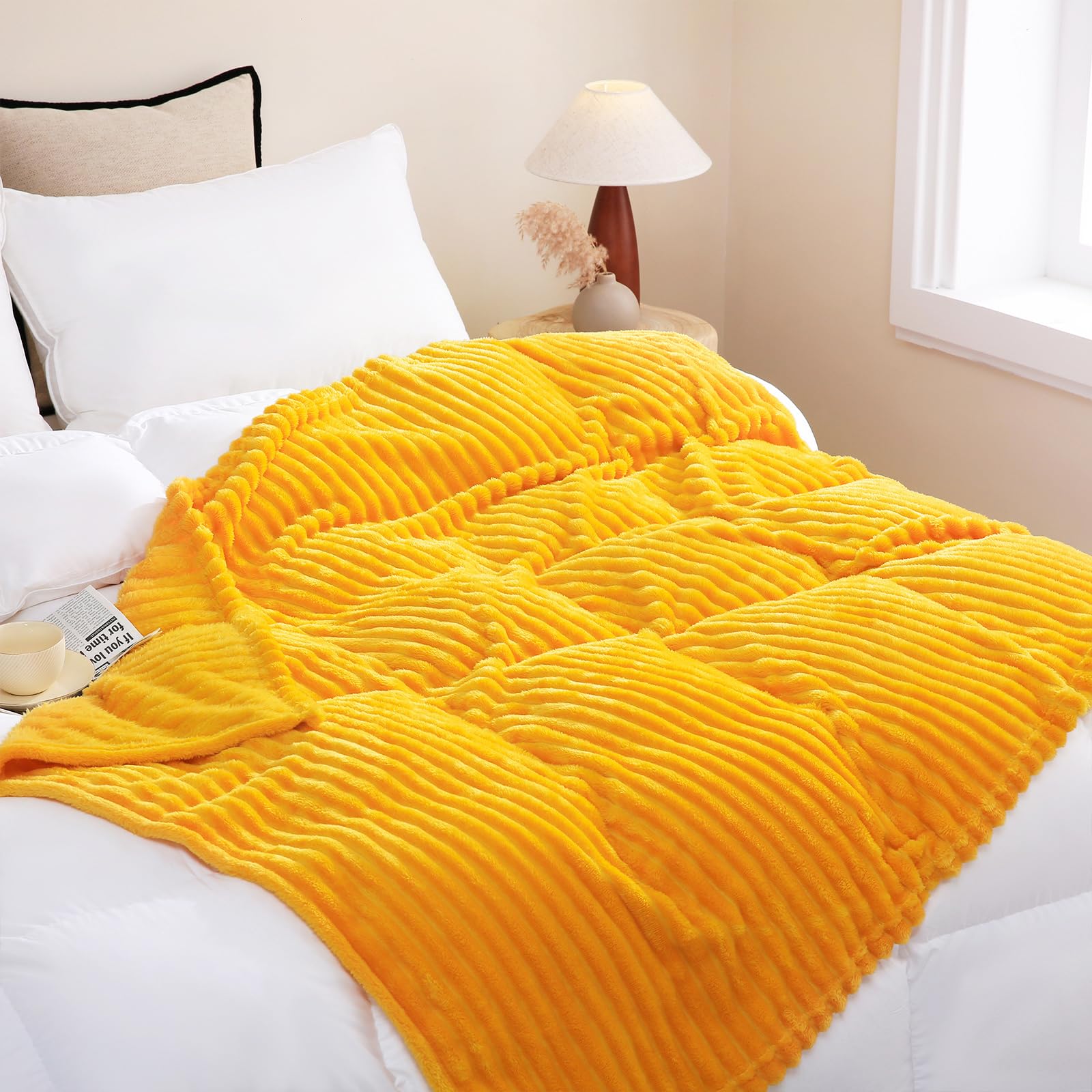 Linecooo Gold Fleece Throw Blanket 90     90    For Couch Sofa Bed,Super Soft Cozy Plush Microfiber Flannel Blanket With Stripes