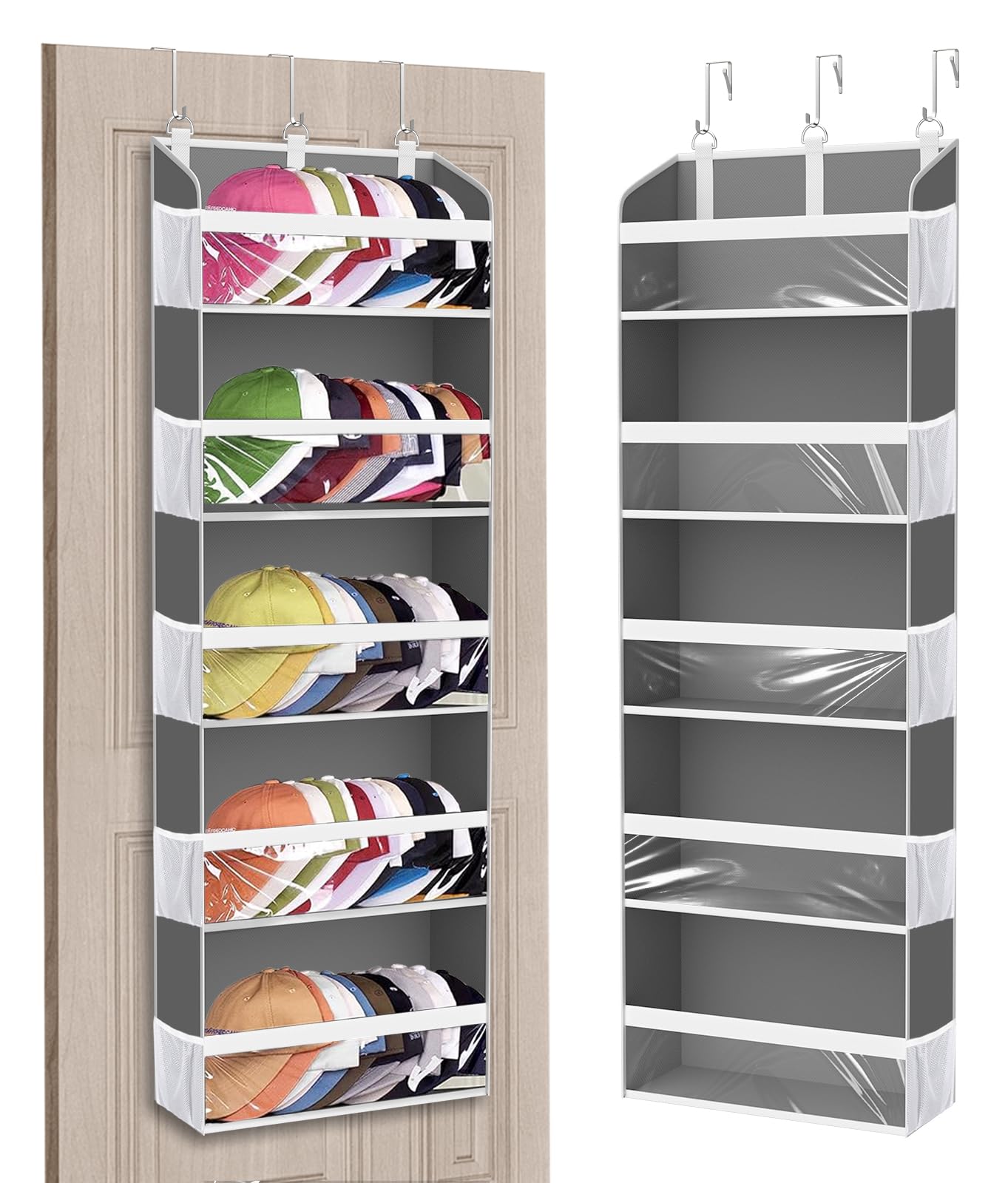 KYEVIS Over the Door Hat Organizer for Baseball Caps, Hold up to 60 Hats Rack Storage for Door/Closet/Wall, Clear Pockets Hangin