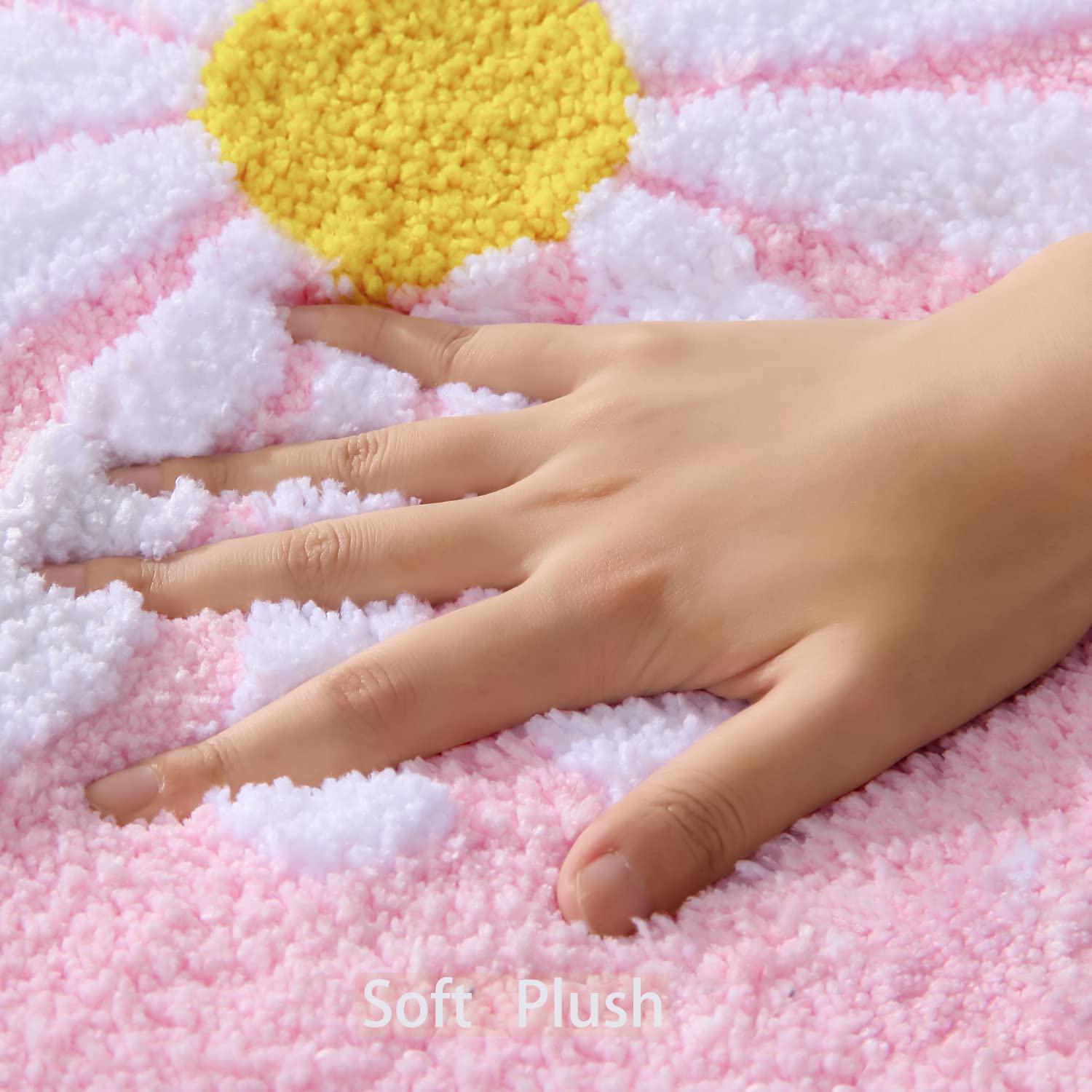 Qjhomo Toilet Rugs U Shaped, Pink Toilet Mat Cute Daisy Contour Bath Rug, Thick Soft Machine Washable Toilet Carpet, Non Slip Ba