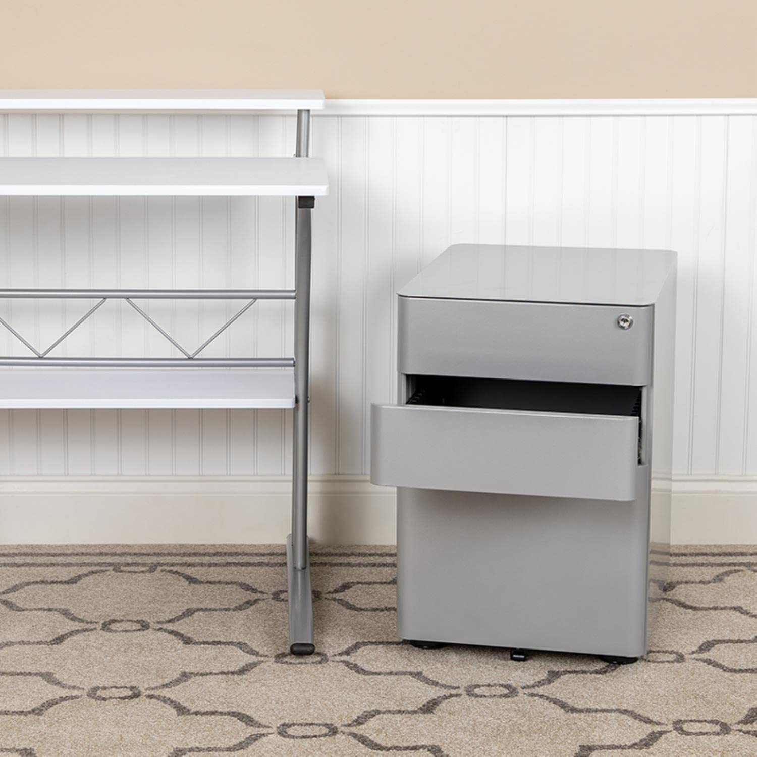 Flash Furniture Warner Modern 3-Drawer Mobile Locking Filing Cabinet with Anti-Tilt Mechanism and Hanging Drawer for Legal & Letter Files, Gray, Set of 1