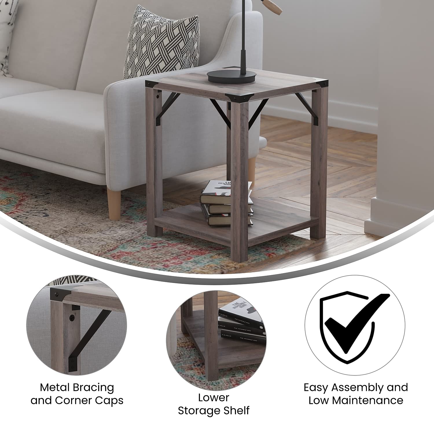 Flash Furniture Wyatt Modern Farmhouse 2 Tier Side Table - Gray Wash Engineered Wood Frame - Black Metal Crisscross Side Braces and Corner Accents