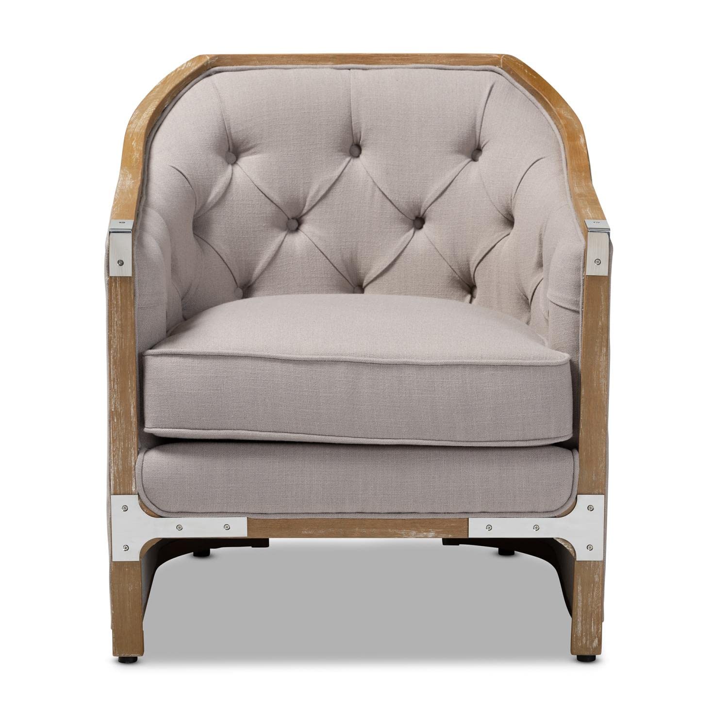 Baxton Studio Terina French Country Industrial Grey-Beige Fabric Upholstered Whitewashed Oak Wood Armchair with Metal Accents