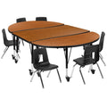 Flash Furniture Mobile 76" Oval Wave Collaborative Laminate Activity Table Set With 14" Student Stack Chairs, Oak/Black