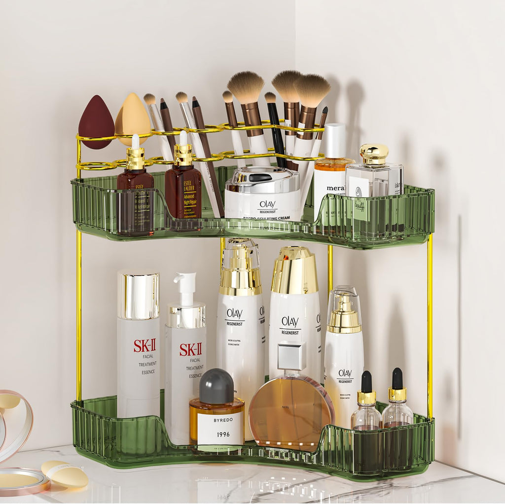 SUNZOS Bathroom Counter Organizer, Corner Makeup Organizer with Makeup Brush Holder, Vanity Makeup Cosmetic Storage, Countertop 