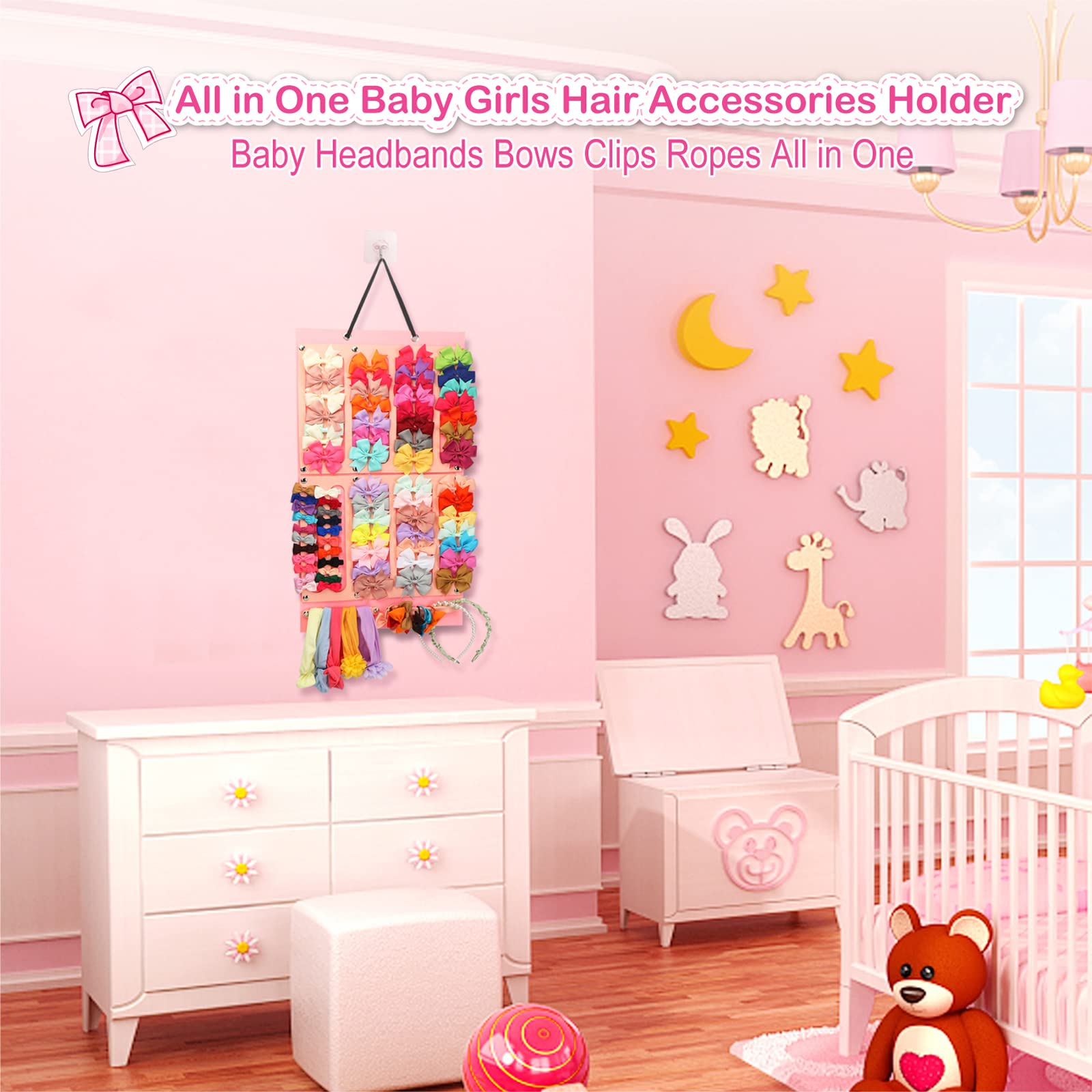 Hair Bows Holder W/Large Capacity, Hair Clips Storage Hanger W/ 16 Ribbons, Hair Bows Organizer, Baby Accessory Display W/Sturdy Rope, Wall Hanging For Girl Room, Nursery Decors