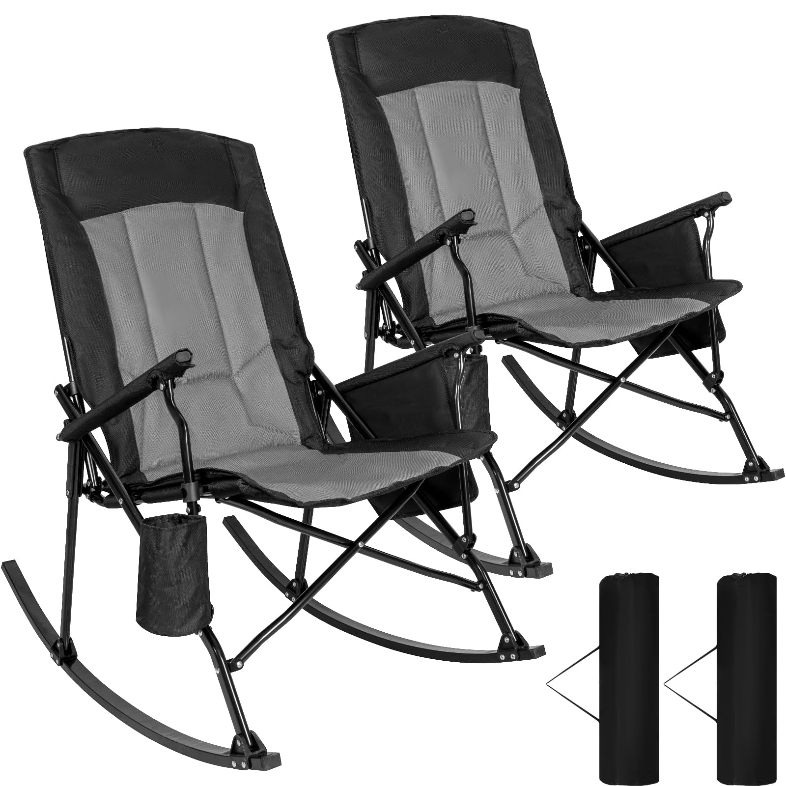 Romswi 2 Pack High Back Portable Rocking Chair with Hard Armrests, Oversized Folding Rocker Camping Chairs for Outdoor, Heavy Du