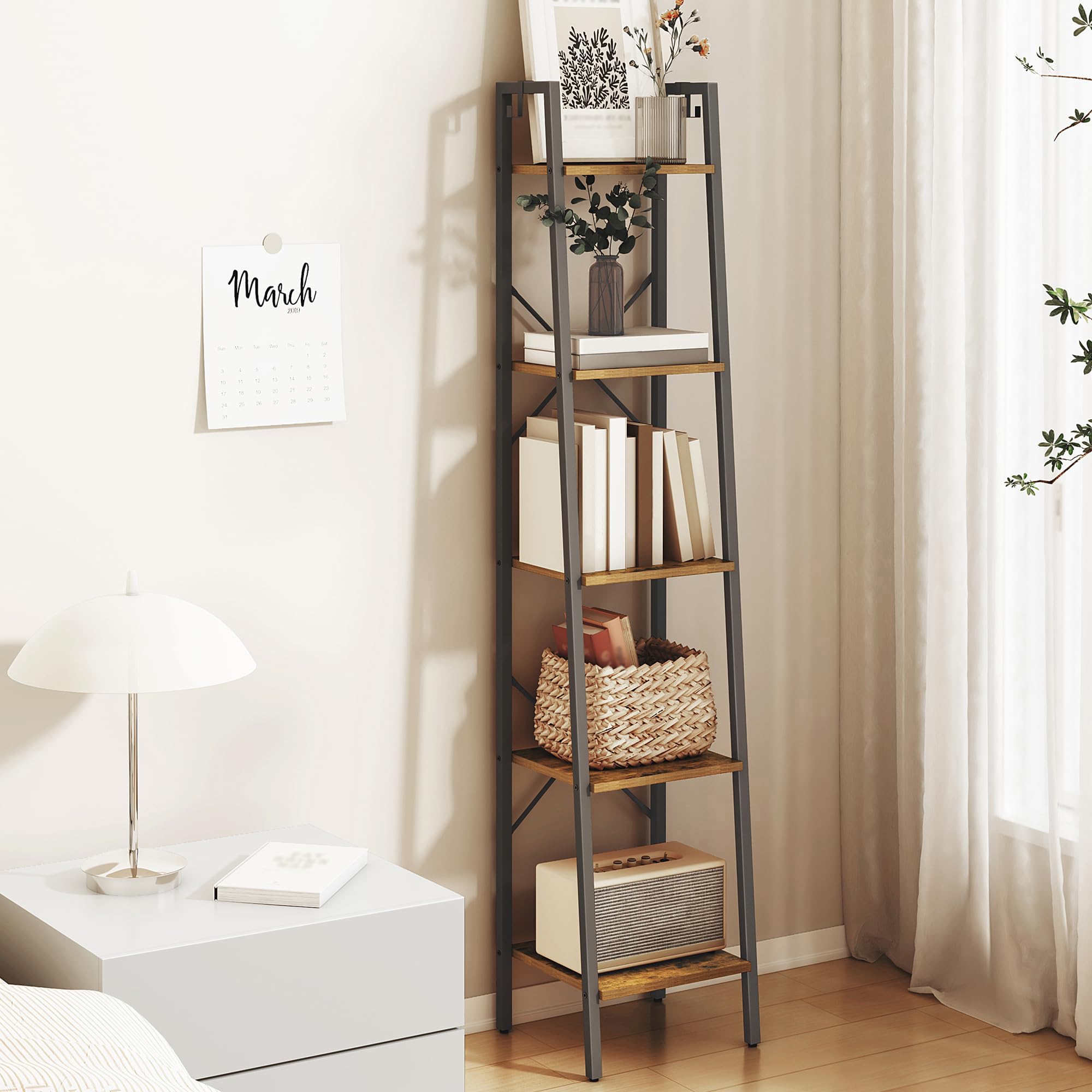 Hzuaneri Ladder Shelf, Bookshelf Bookcase, Freestanding Corner Storage Shelve With 2 Hooks For Home Office, Living Room, Kitchen, Bedroom, Industrial, 5-Tier Rustic Brown Bc03201B