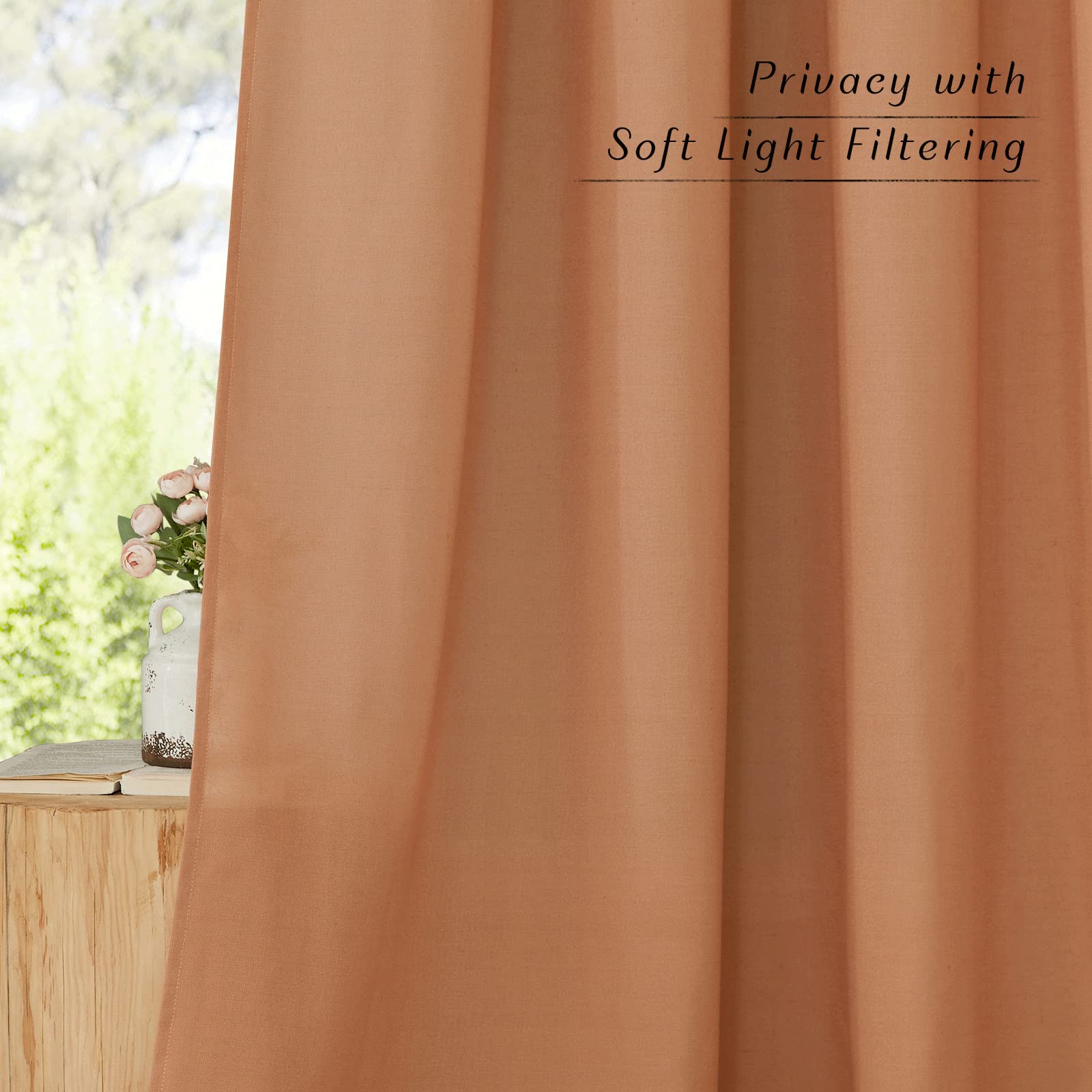 Nicetown Linen Burnt Orange Curtains 90 Inch Length 2 Panels, Grommet Privacy Added Thick Flax Linen Burlap Semi Sheer Light Filtering Window Treatments For Bedroom/Girls Room, W55 X L90