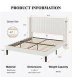 Sha Cerlin Queen Size Velvet Bed Frame With Vertical Channel Tufted Wingback Headboard, Upholstered Platform Bed With Wood Slats, No Box Spring Needed, Easy Assembly, White