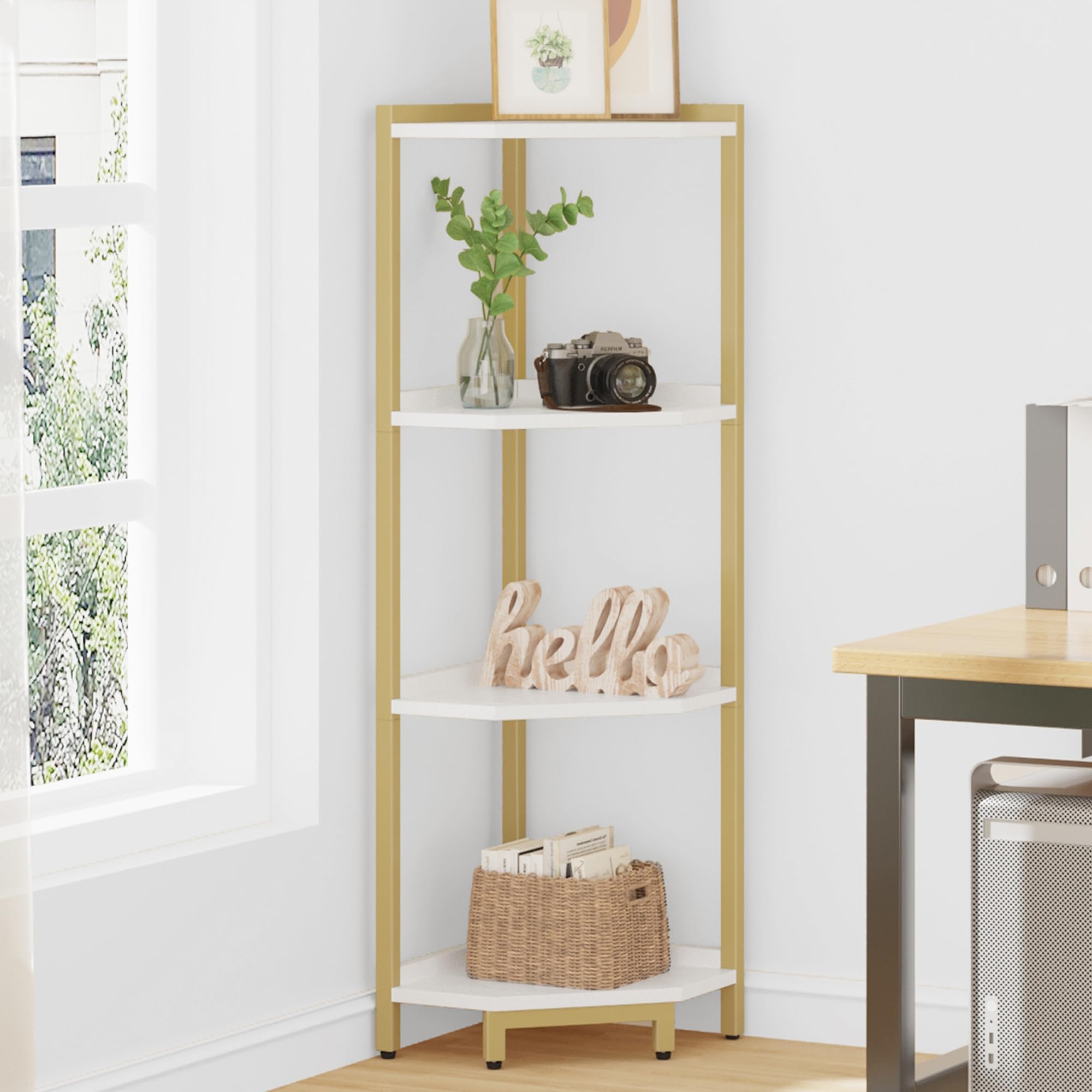 Hzuaneri Corner Shelf Stand, Corner Bookshelf, Storage Standing Shelf Unit With Metal Frame, Plant Stand, Corner Bookcase For Living Room, Home Office, Bedroom, 4-Tier White Gold Cs05803A