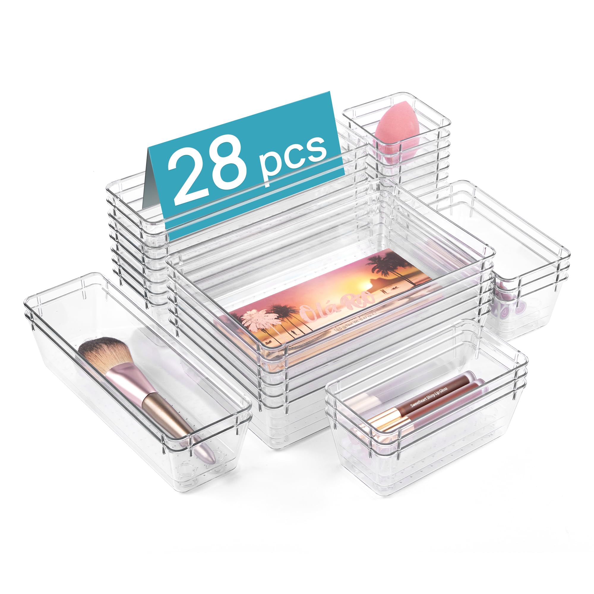 Vtopmart 28 PCS Clear Plastic Drawer Organizers Set, 4-Size Bathroom and Vanity Drawer Organizer Trays, Acrylic Storage Bins for