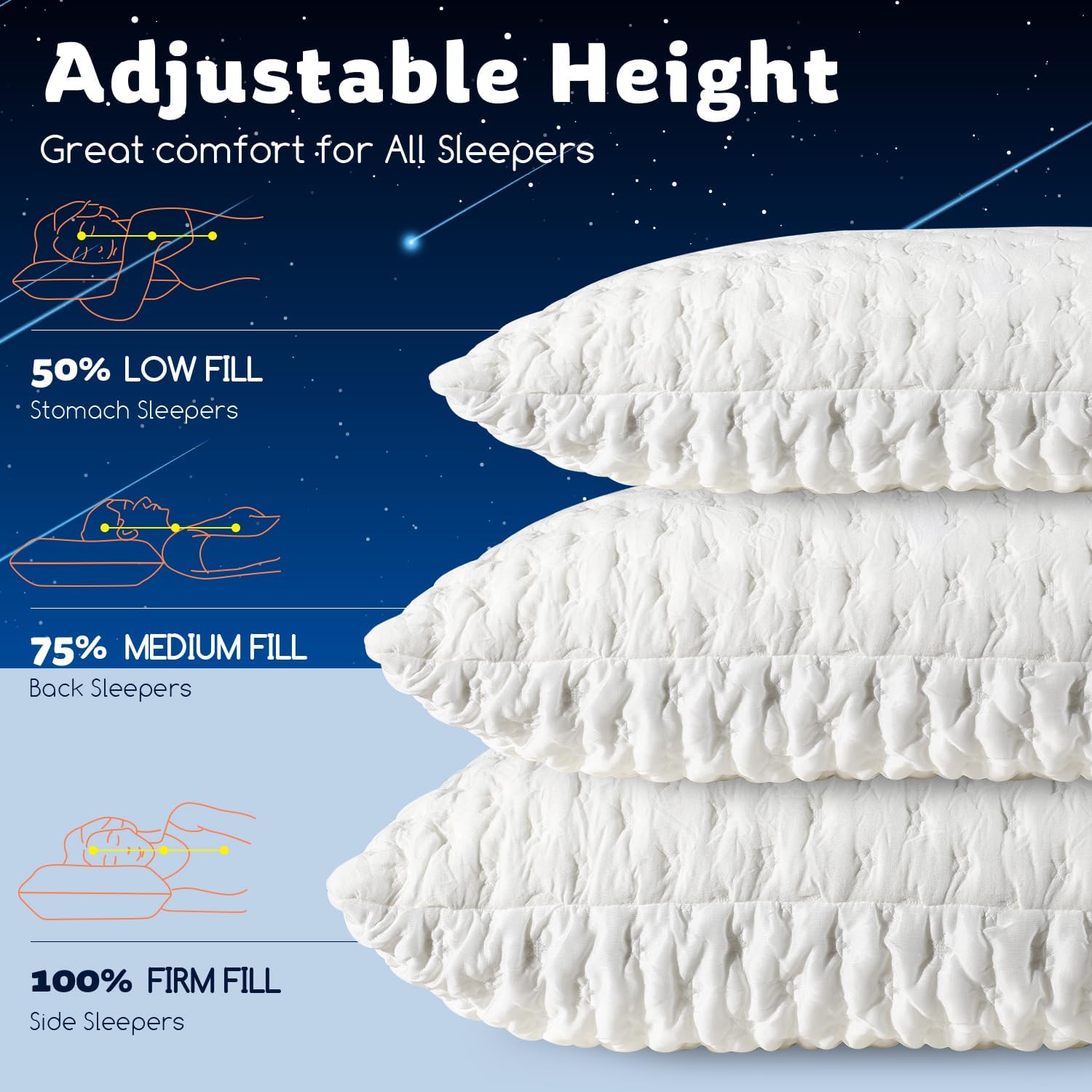 KUCEY Cooling Side Sleeper Pillow, Firm Shredded Memory Foam, King Size, Original White, Adjustable for Neck & Shoulder Pain Relief