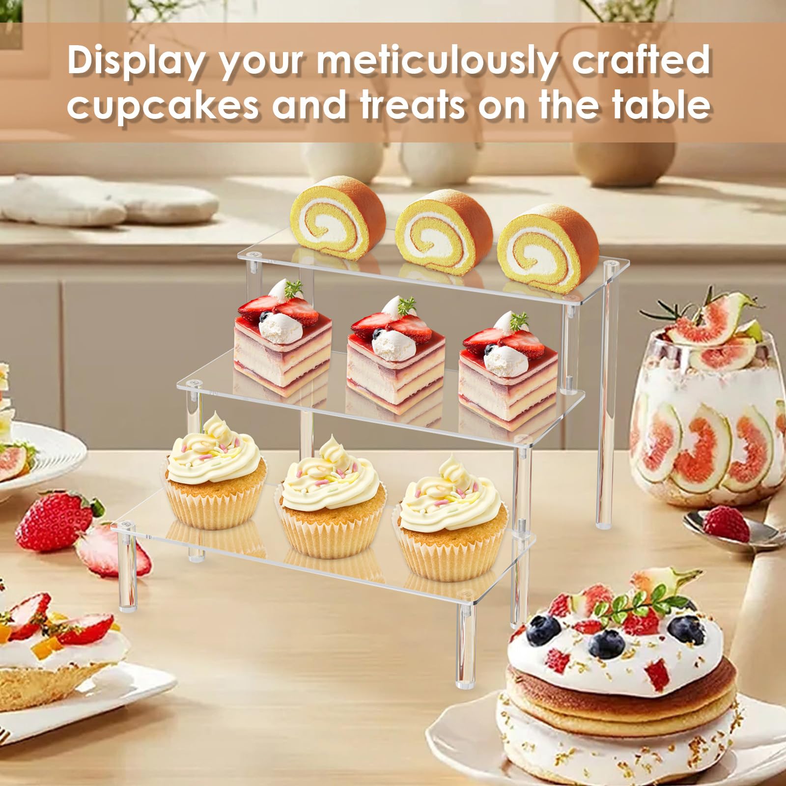 Acrylic Display Risers,Clear Display Risers Stand Small Mini Shelf 3 Tiered Cupcake Stand For Food Desserts Stand Shelves For Pa
